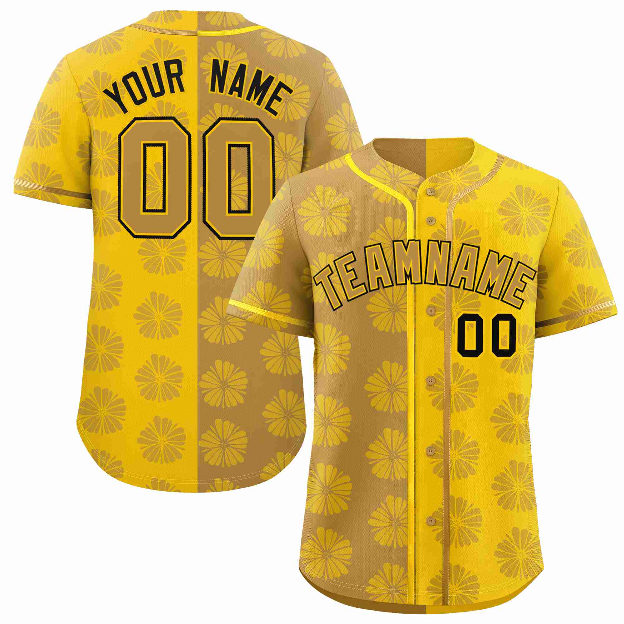 Custom Old Gold Gold Split Fashion Flower Graffiti Pattern Authentic Baseball Jersey