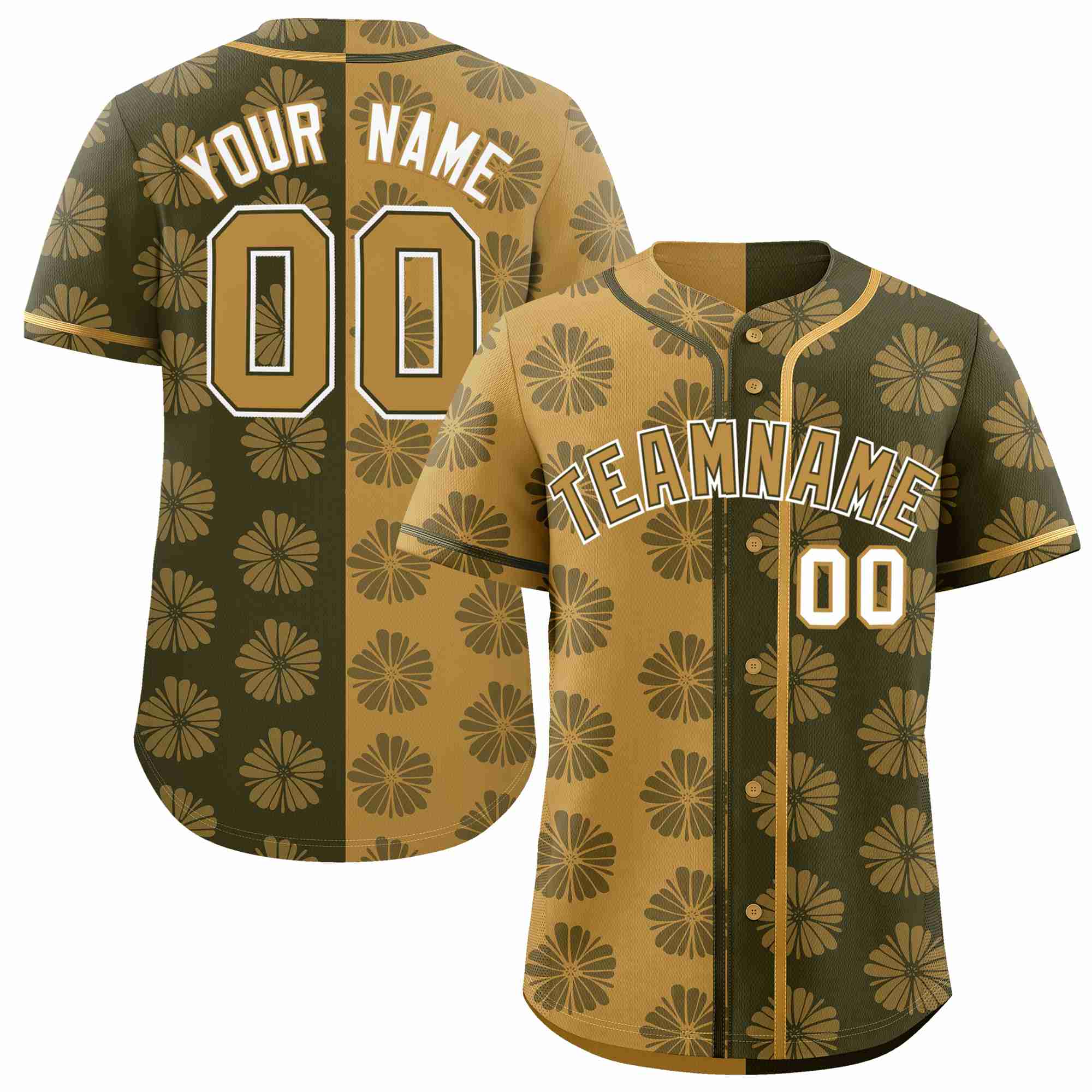 Custom Old Gold Olive Split Fashion Flower Graffiti Pattern Authentic Baseball Jersey