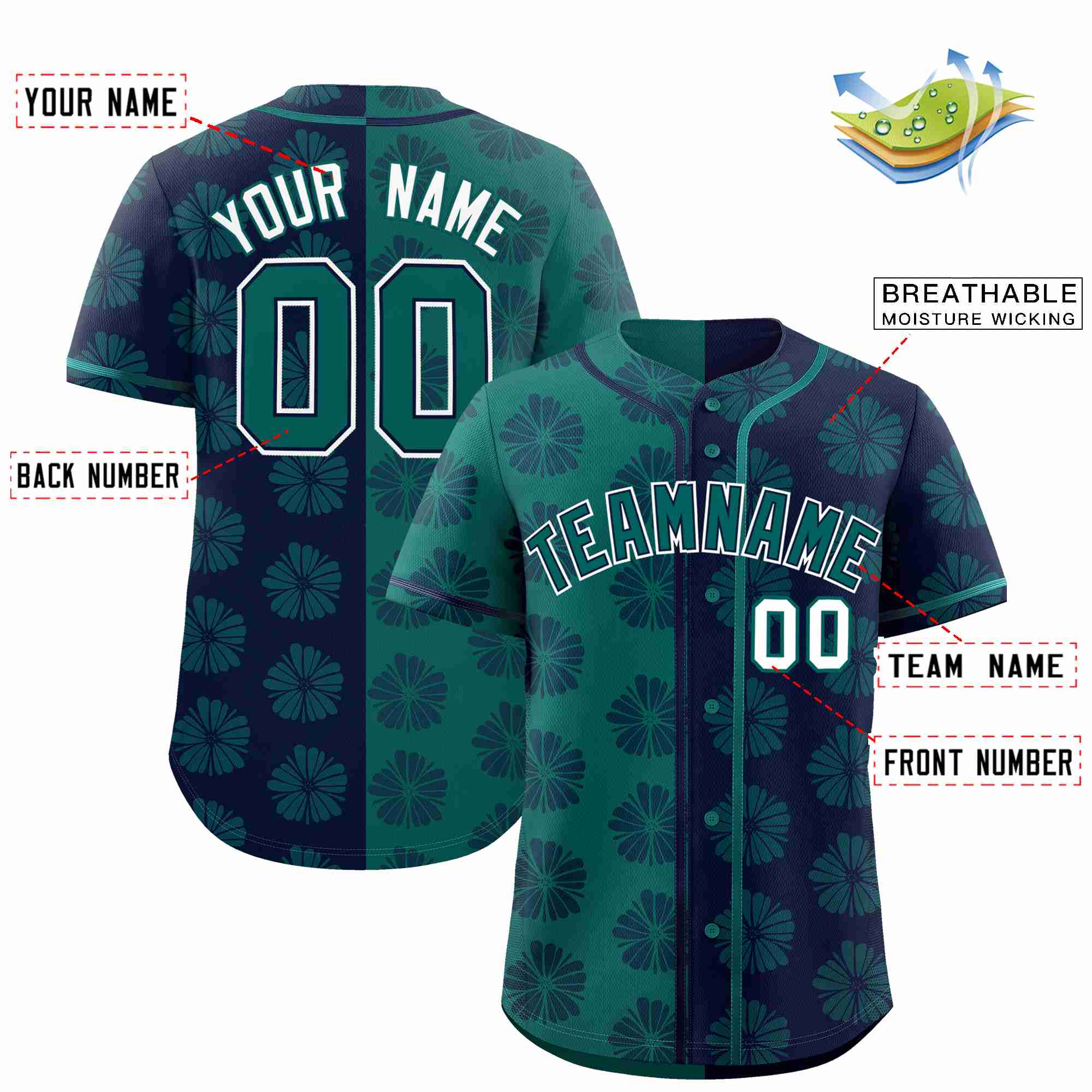 Custom Aqua Navy Split Fashion Flower Graffiti Pattern Authentic Baseball Jersey