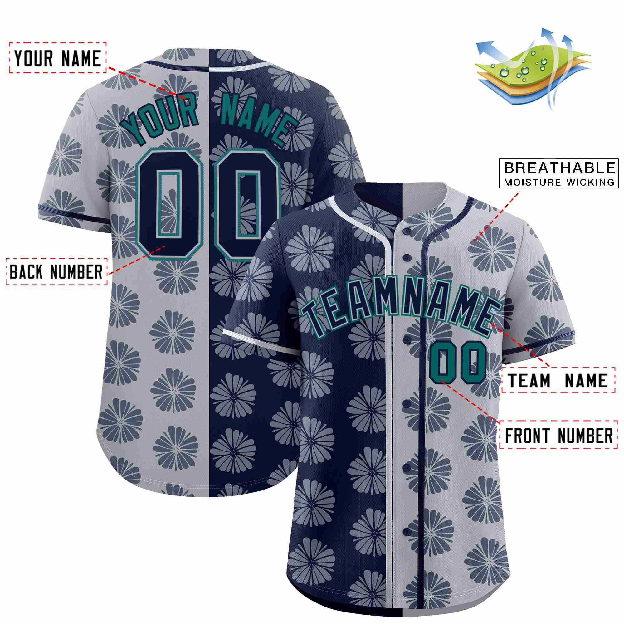 Custom Navy Light Gray Split Fashion Flower Graffiti Pattern Authentic Baseball Jersey