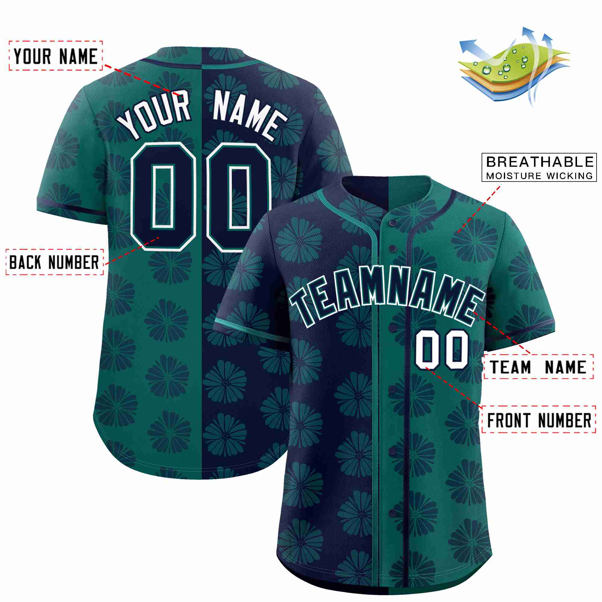 Custom Navy Aqua Split Fashion Flower Graffiti Pattern Authentic Baseball Jersey