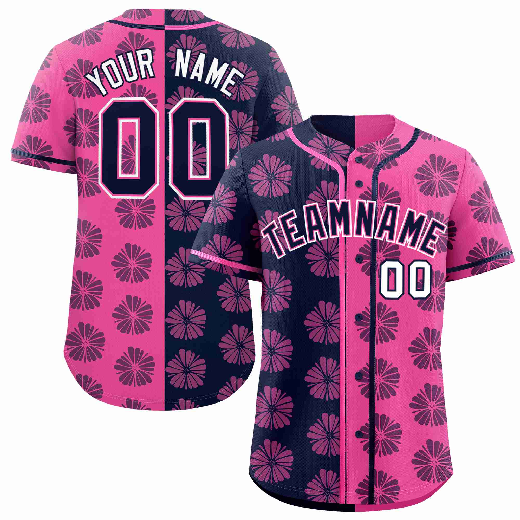 Custom Navy Pink Split Fashion Flower Graffiti Pattern Authentic Baseball Jersey