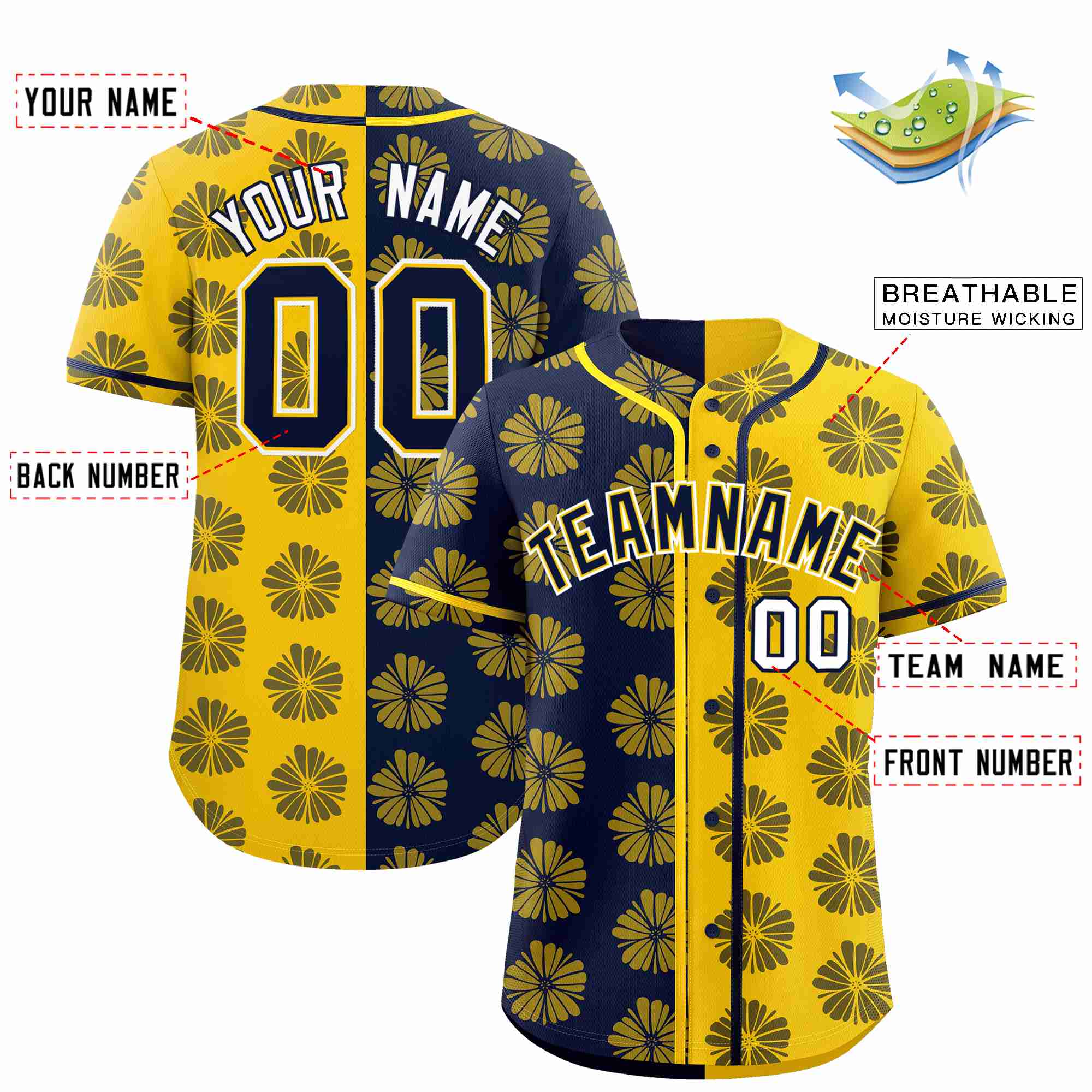 Custom Navy Gold Split Fashion Flower Graffiti Pattern Authentic Baseball Jersey