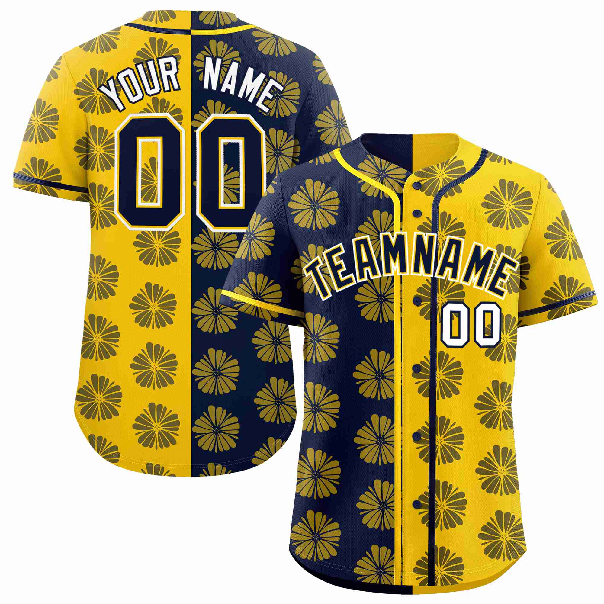 Custom Navy Gold Split Fashion Flower Graffiti Pattern Authentic Baseball Jersey