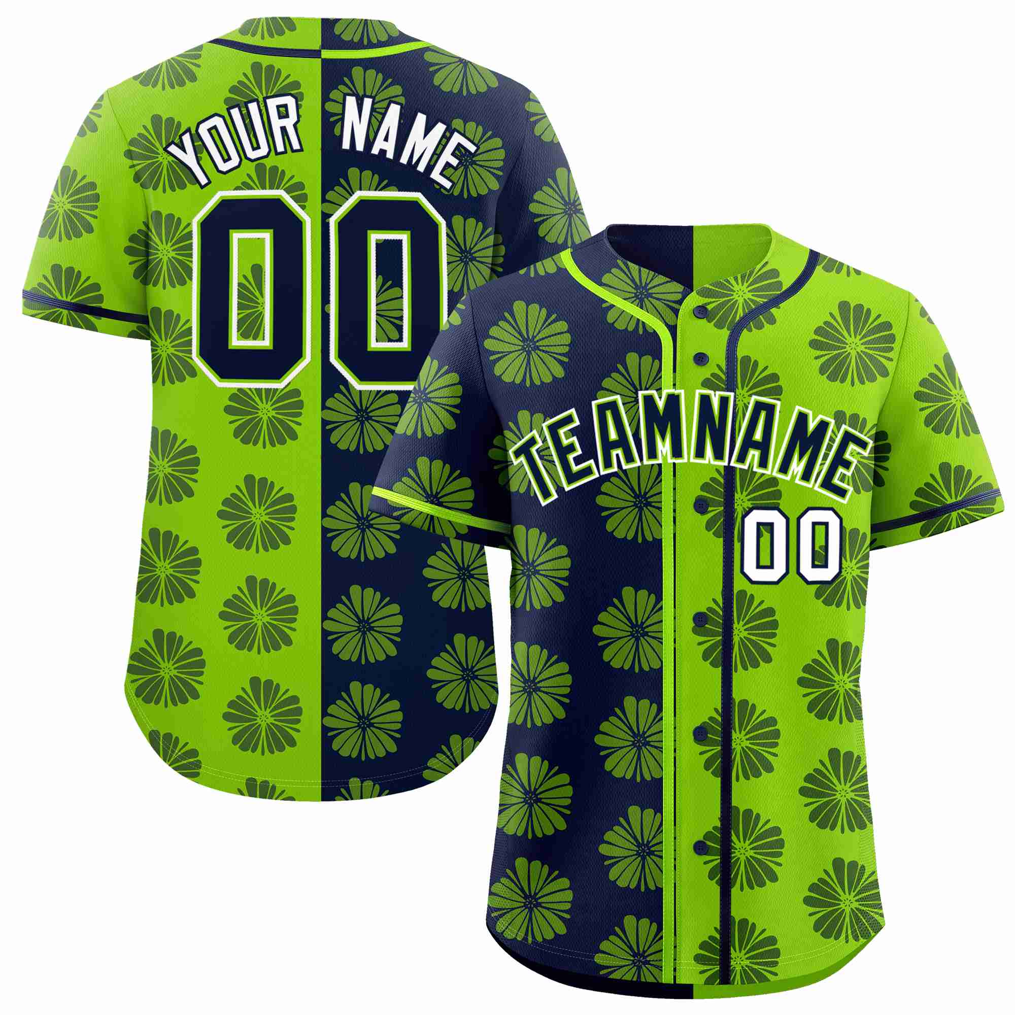 Custom Navy Neon Green Split Fashion Flower Graffiti Pattern Authentic Baseball Jersey