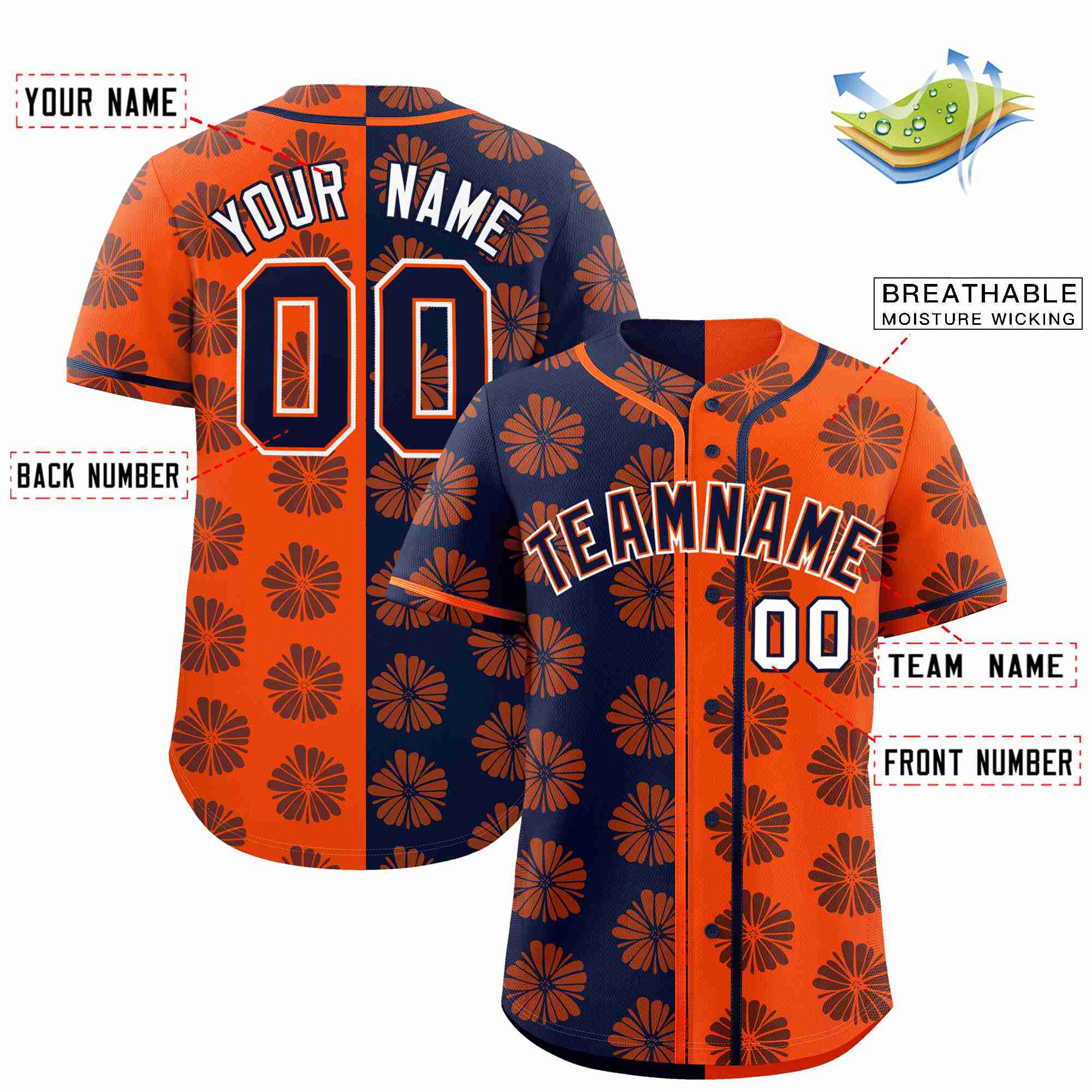 Custom Navy Orange Split Fashion Flower Graffiti Pattern Authentic Baseball Jersey