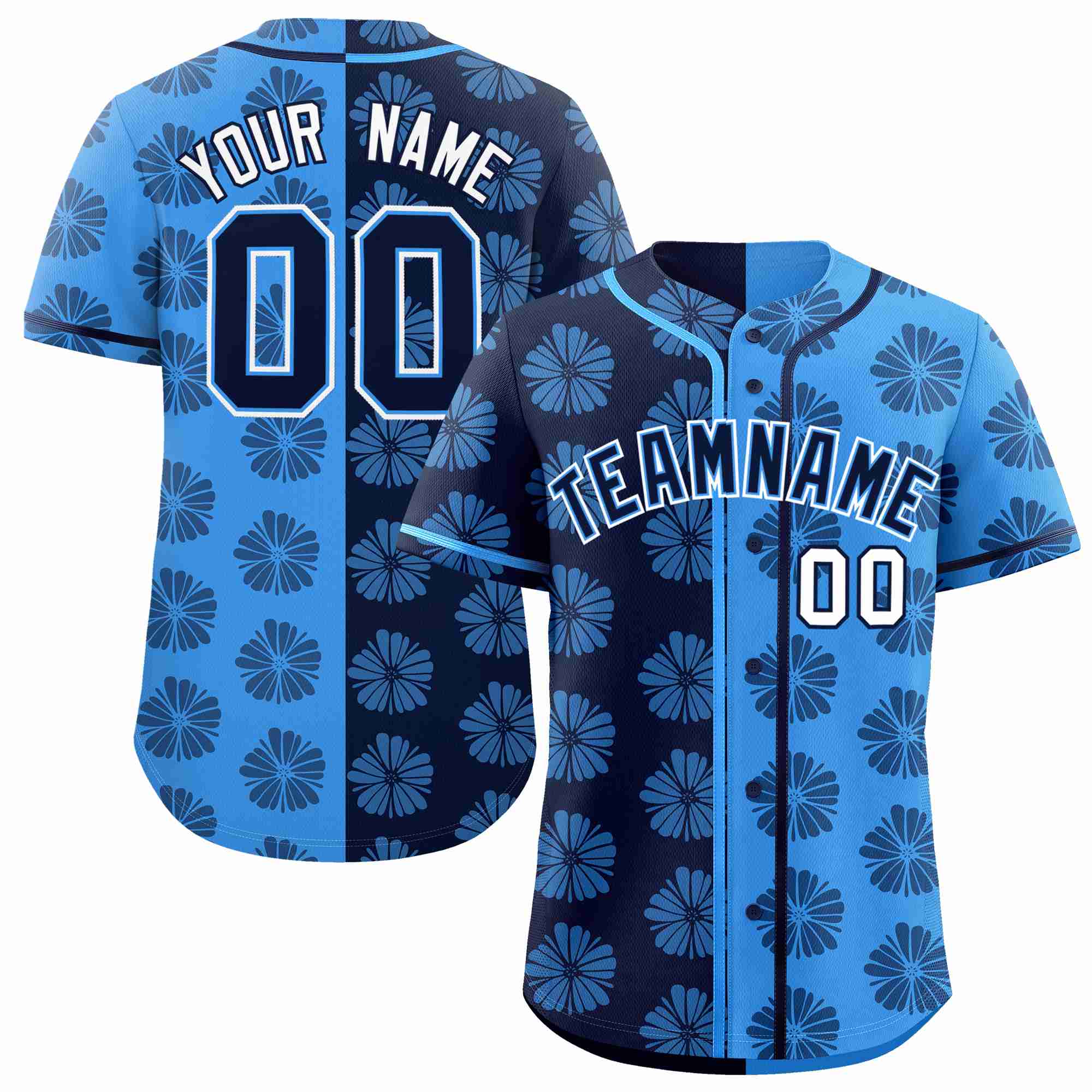 Custom Navy Powder Blue Split Fashion Flower Graffiti Pattern Authentic Baseball Jersey