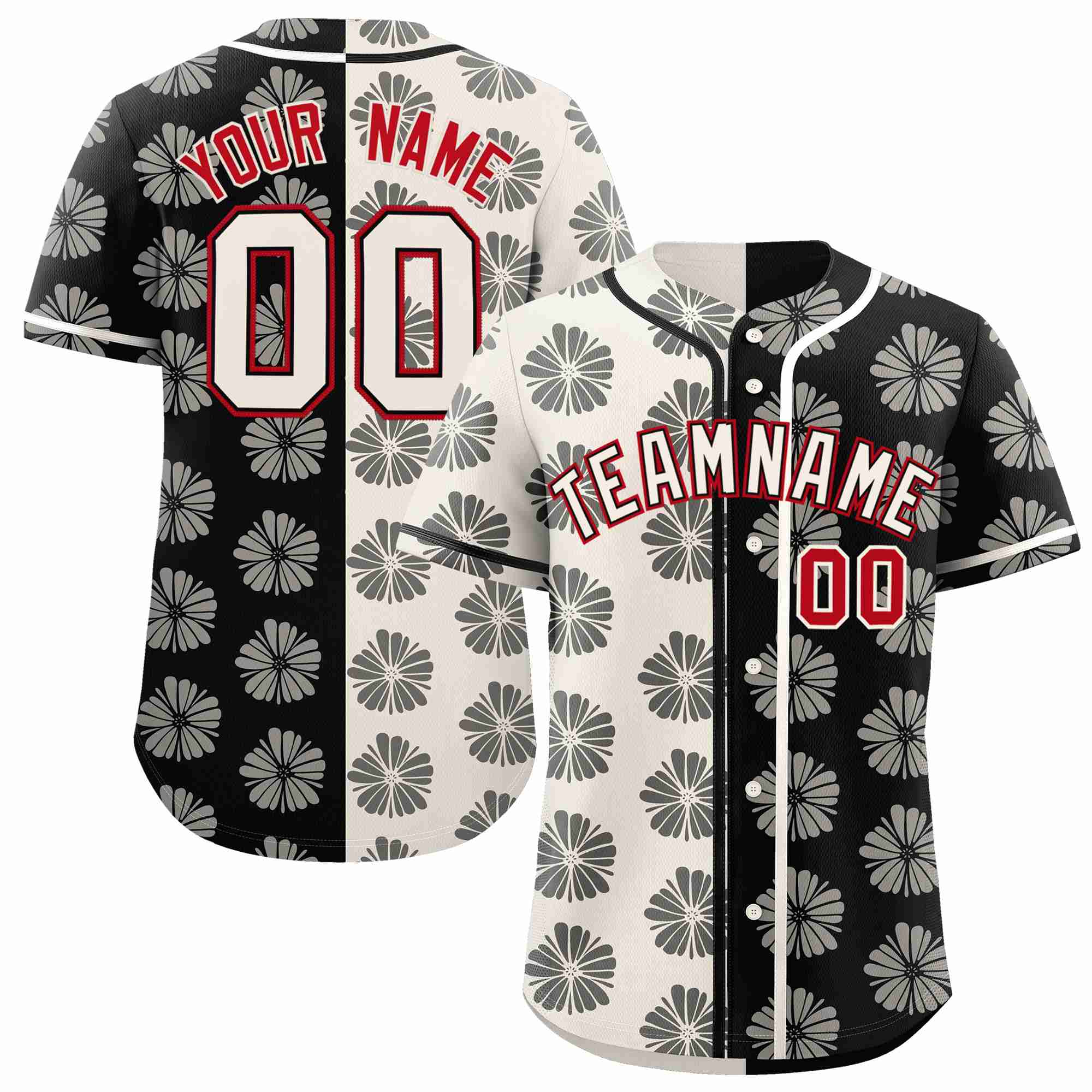 Custom Cream Black Split Fashion Flower Graffiti Pattern Authentic Baseball Jersey