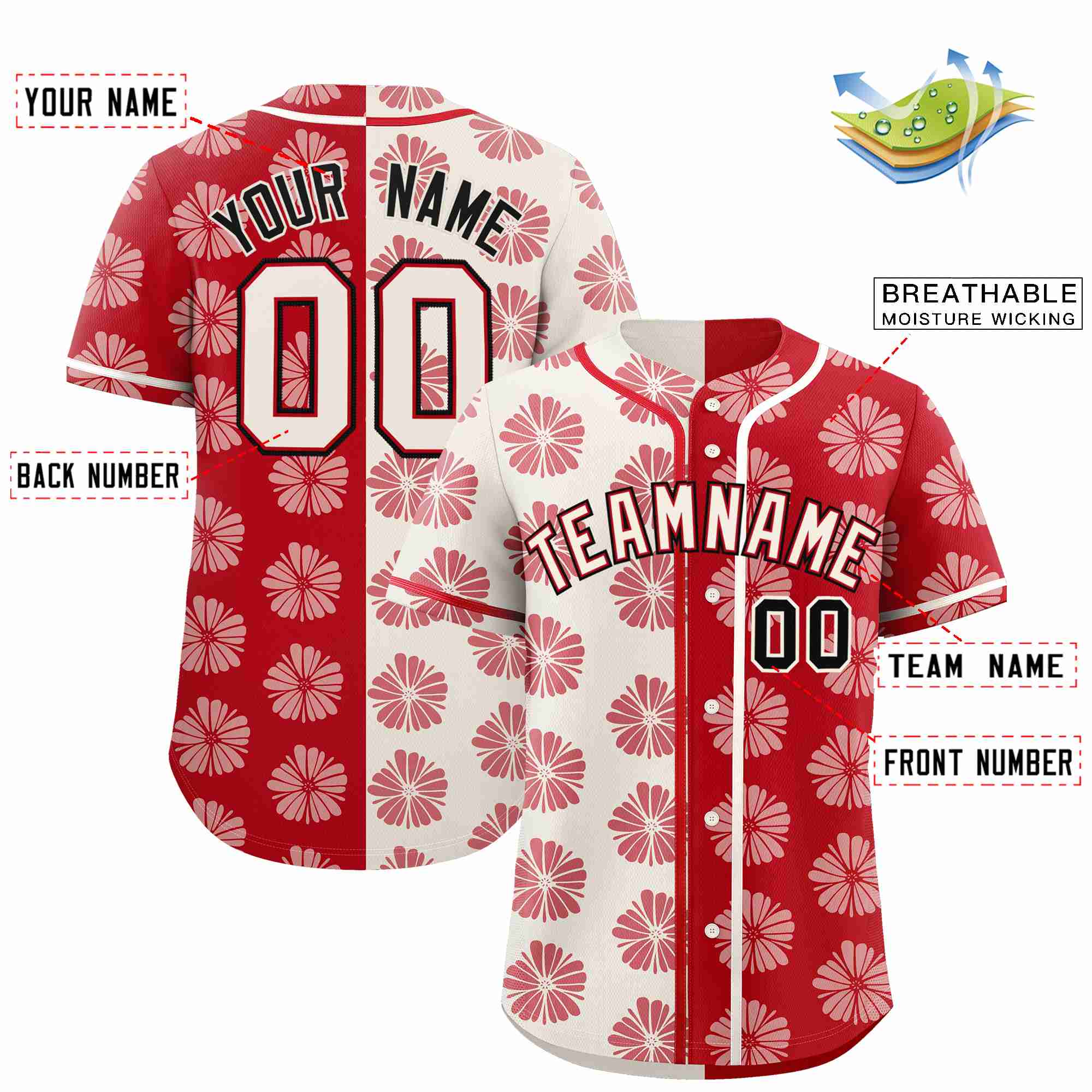 Custom Cream Red Split Fashion Flower Graffiti Pattern Authentic Baseball Jersey