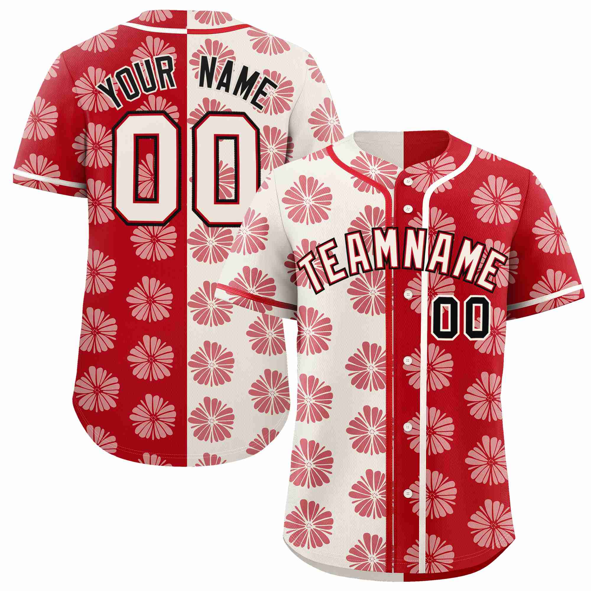 Custom Cream Red Split Fashion Flower Graffiti Pattern Authentic Baseball Jersey