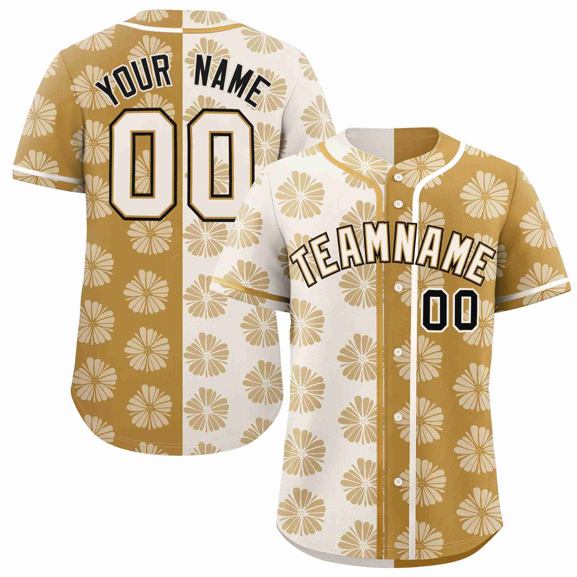 Custom Cream Old Gold Split Fashion Flower Graffiti Pattern Authentic Baseball Jersey