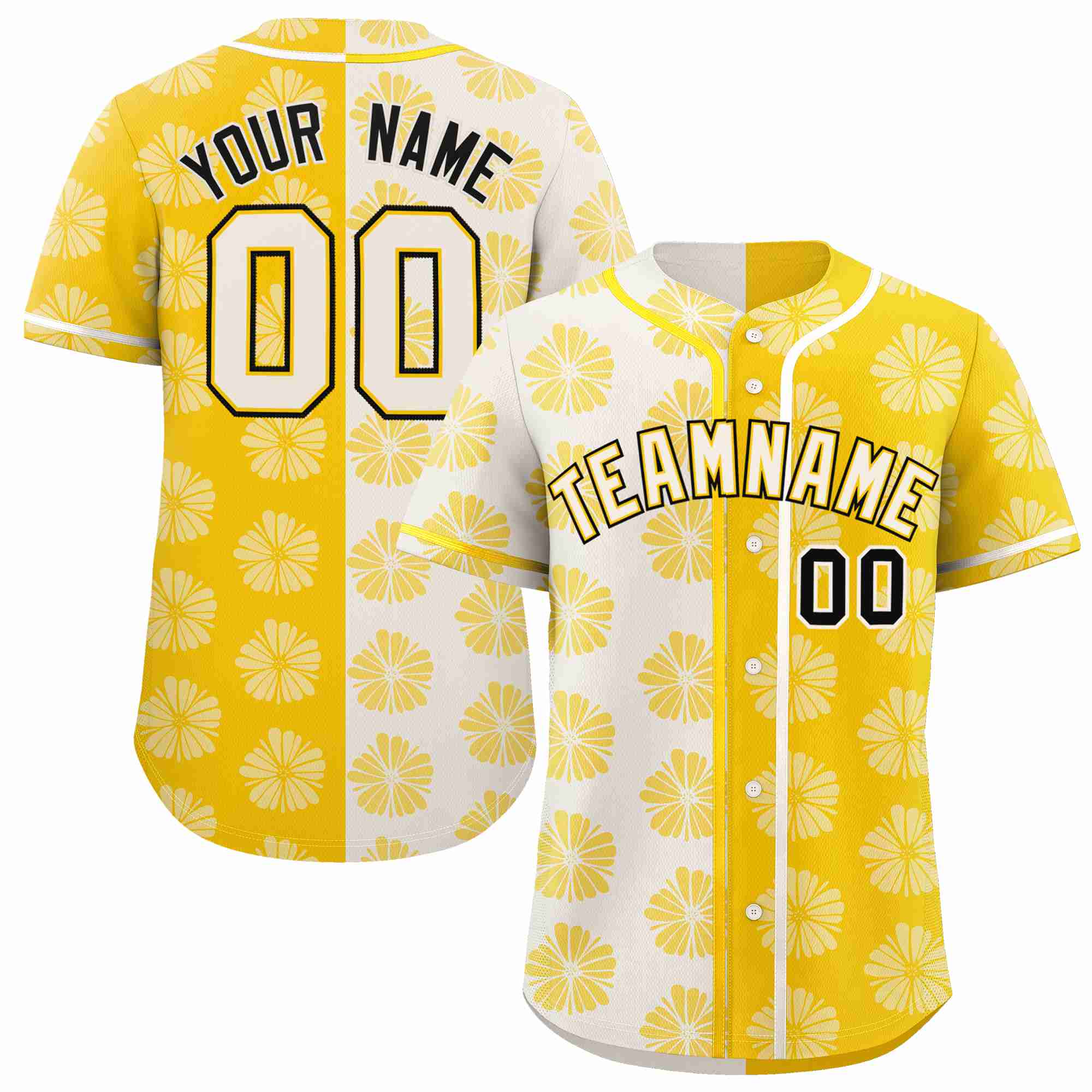 Custom Cream Gold Split Fashion Flower Graffiti Pattern Authentic Baseball Jersey