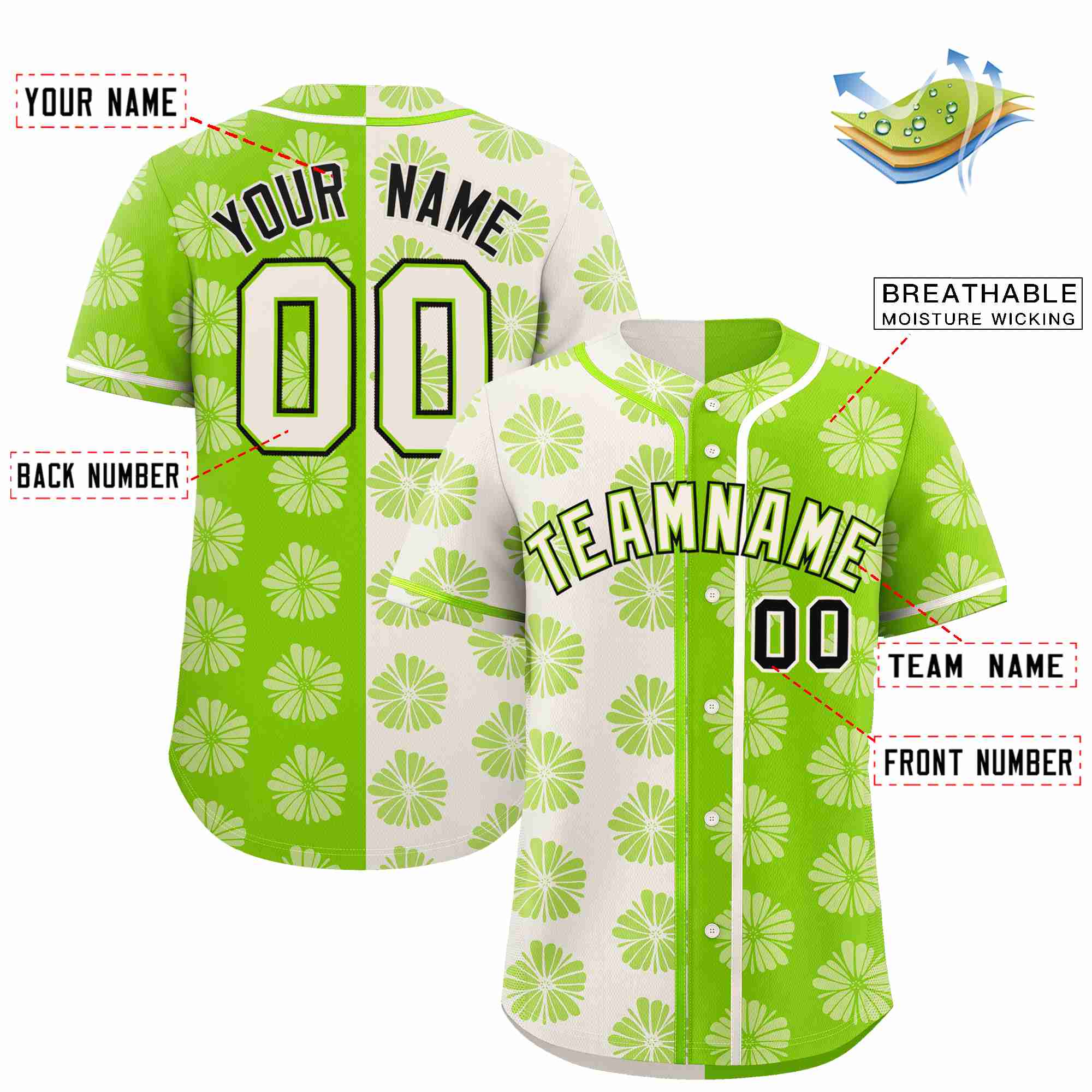 Custom Cream Neon Green Split Fashion Flower Graffiti Pattern Authentic Baseball Jersey