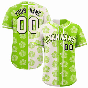 Custom Cream Neon Green Split Fashion Flower Graffiti Pattern Authentic Baseball Jersey