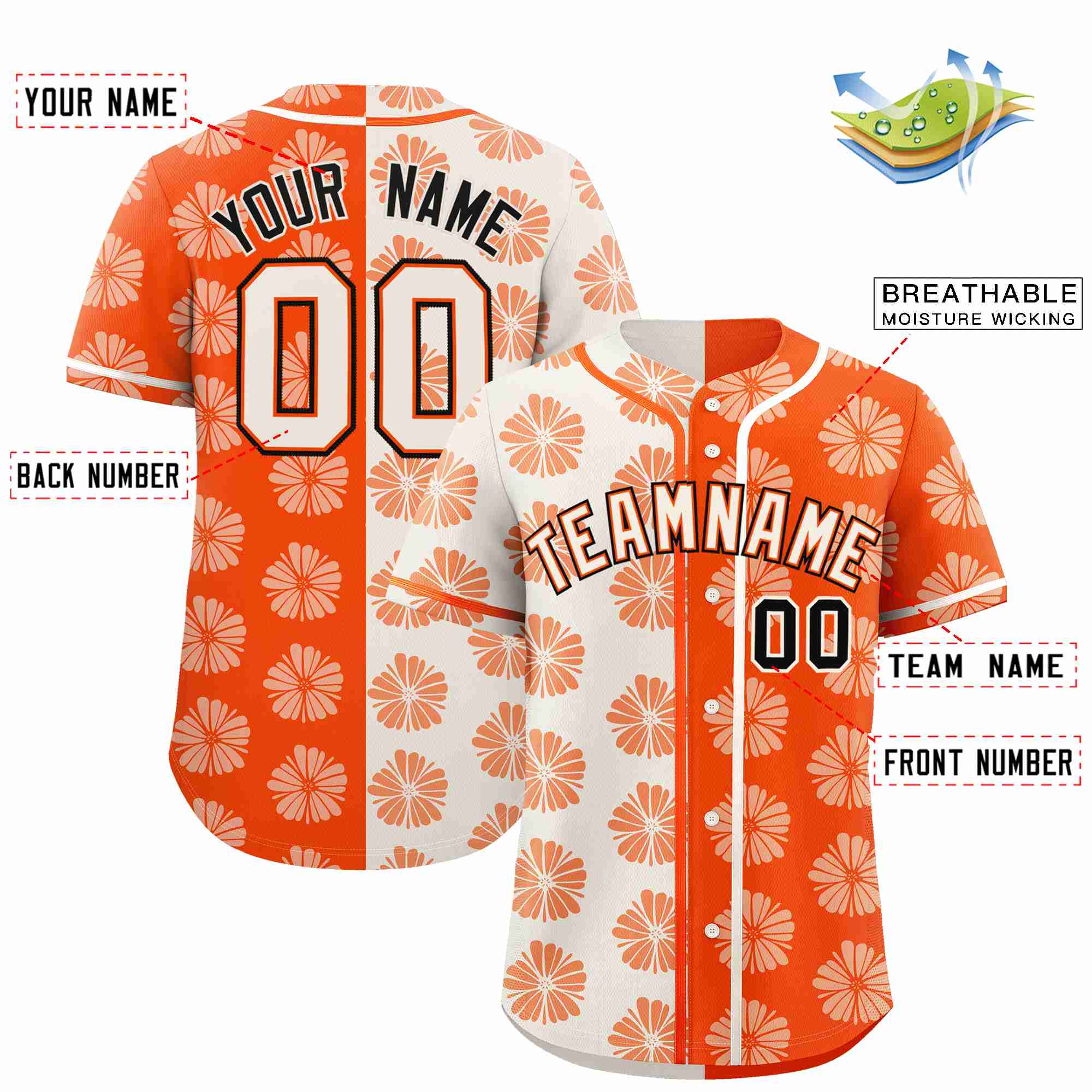 Custom Cream Orange Split Fashion Flower Graffiti Pattern Authentic Baseball Jersey