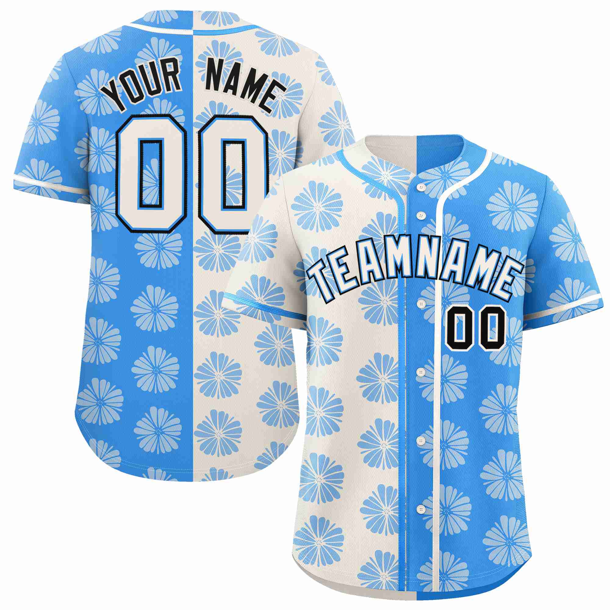 Custom Cream Powder Blue Split Fashion Flower Graffiti Pattern Authentic Baseball Jersey