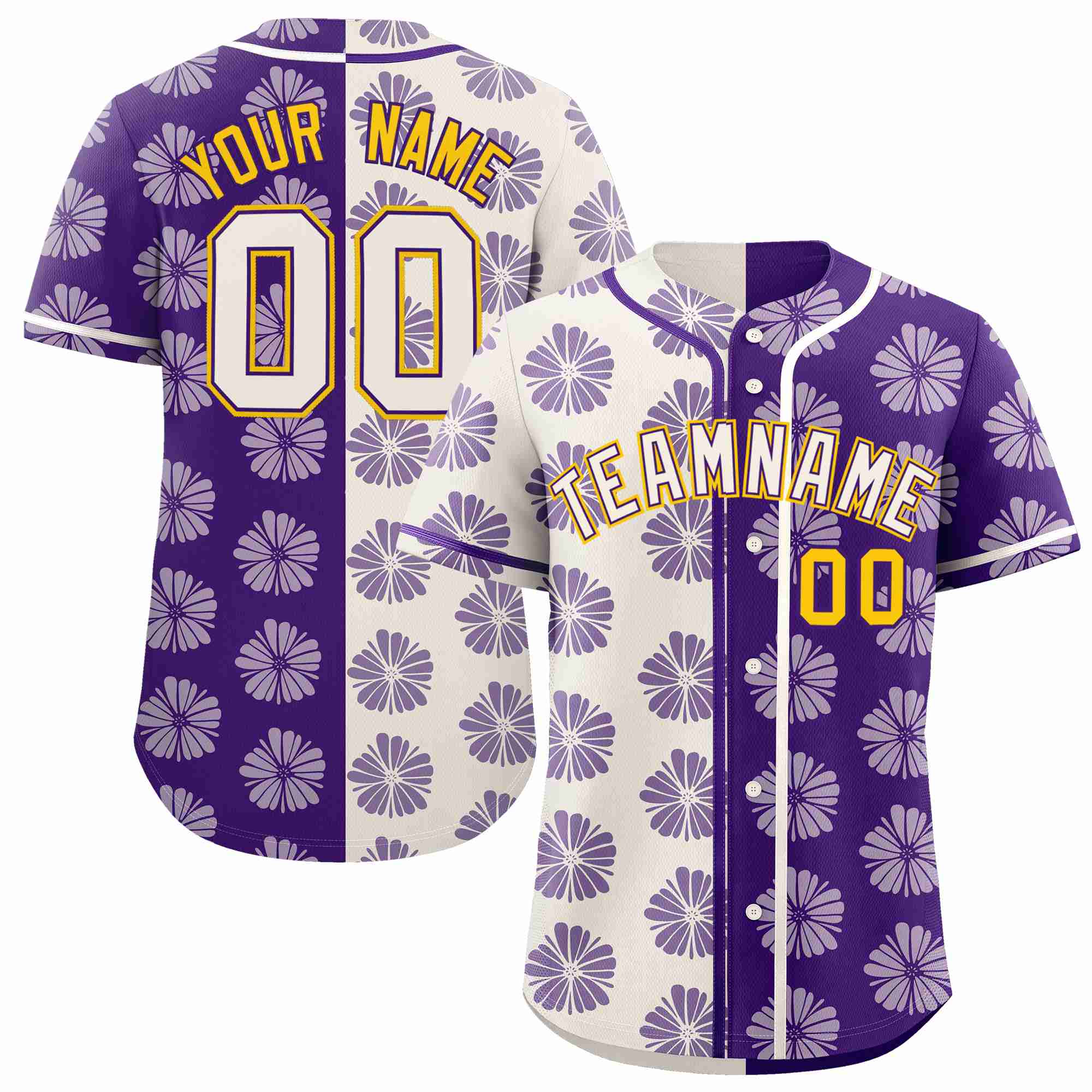 Custom Cream Purple Split Fashion Flower Graffiti Pattern Authentic Baseball Jersey