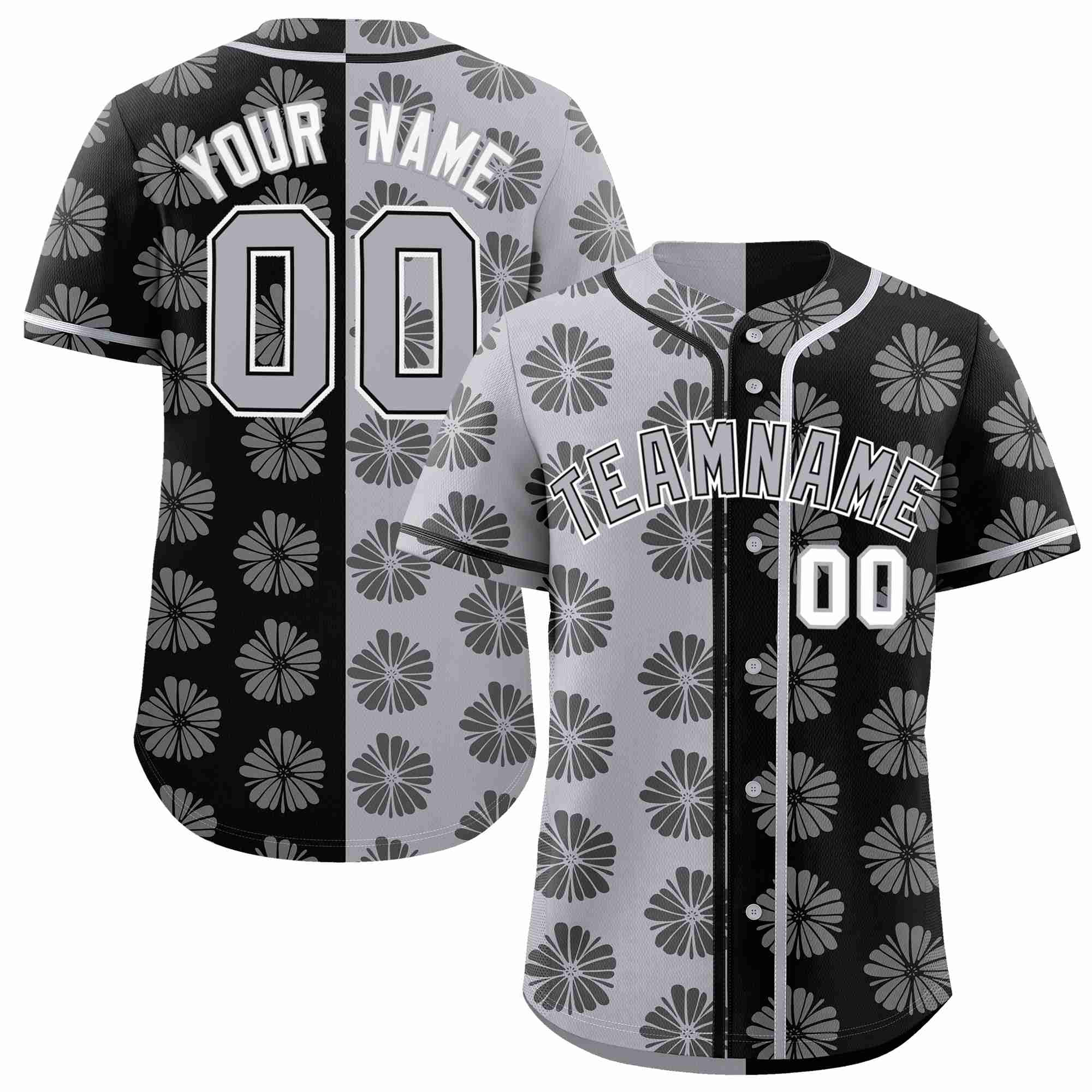 Custom Light Gray Black Split Fashion Flower Graffiti Pattern Authentic Baseball Jersey