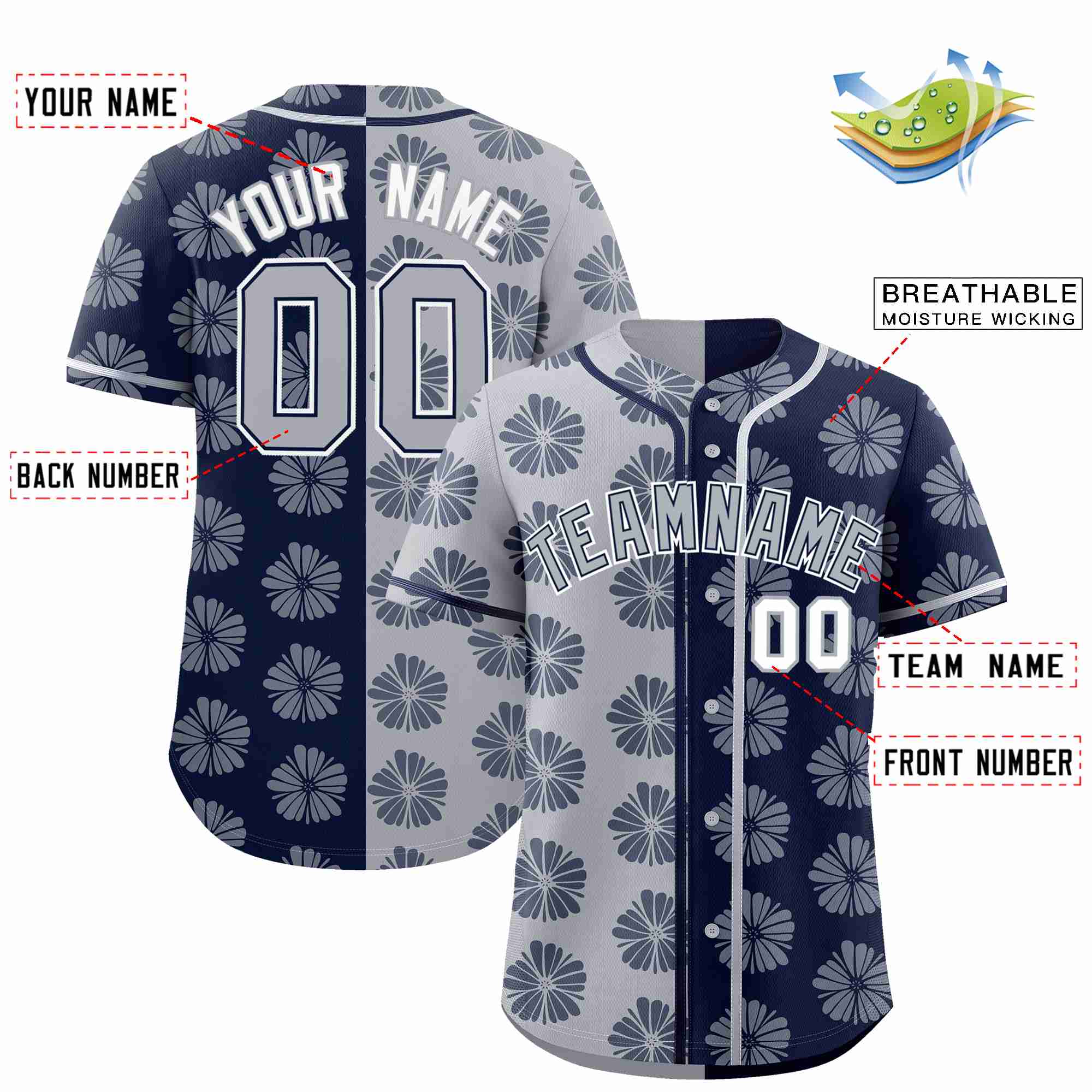 Custom Light Gray Navy Split Fashion Flower Graffiti Pattern Authentic Baseball Jersey