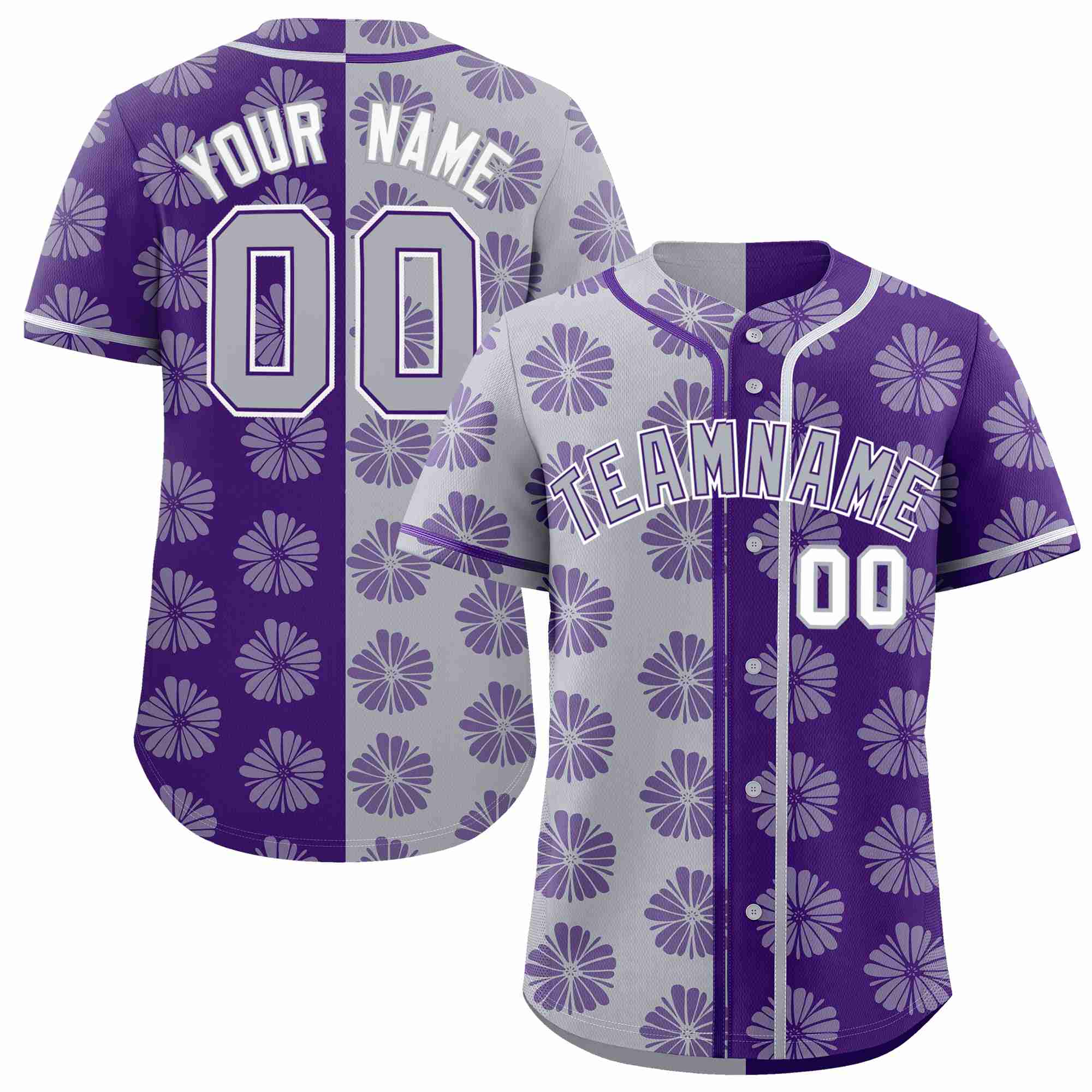 Custom Light Gray Purple Split Fashion Flower Graffiti Pattern Authentic Baseball Jersey