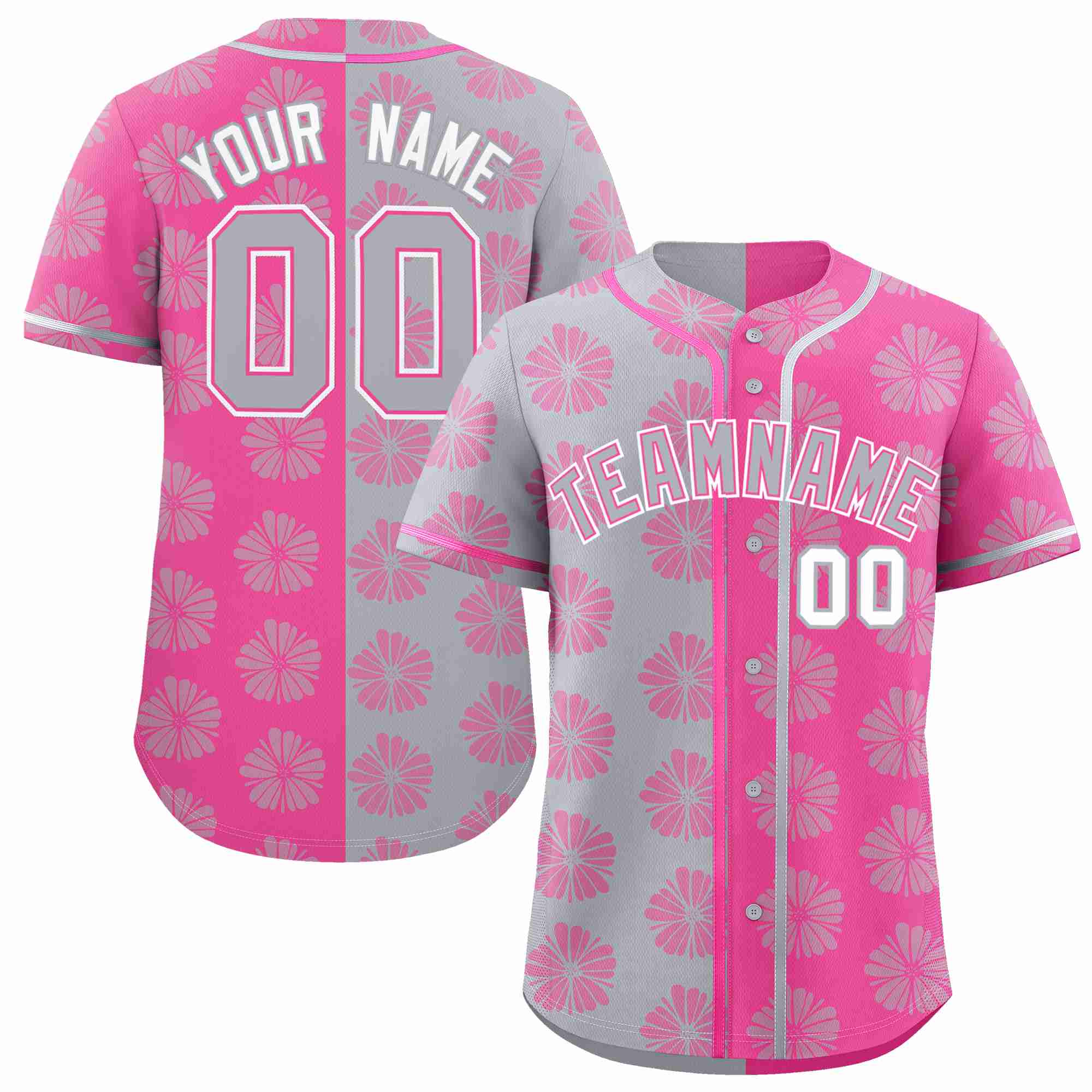 Custom Light Gray Pink Split Fashion Flower Graffiti Pattern Authentic Baseball Jersey