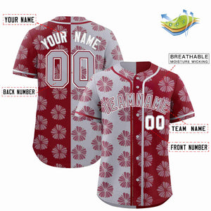 Custom Light Gray Crimson Split Fashion Flower Graffiti Pattern Authentic Baseball Jersey