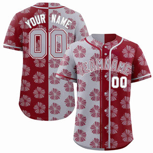 Custom Light Gray Crimson Split Fashion Flower Graffiti Pattern Authentic Baseball Jersey