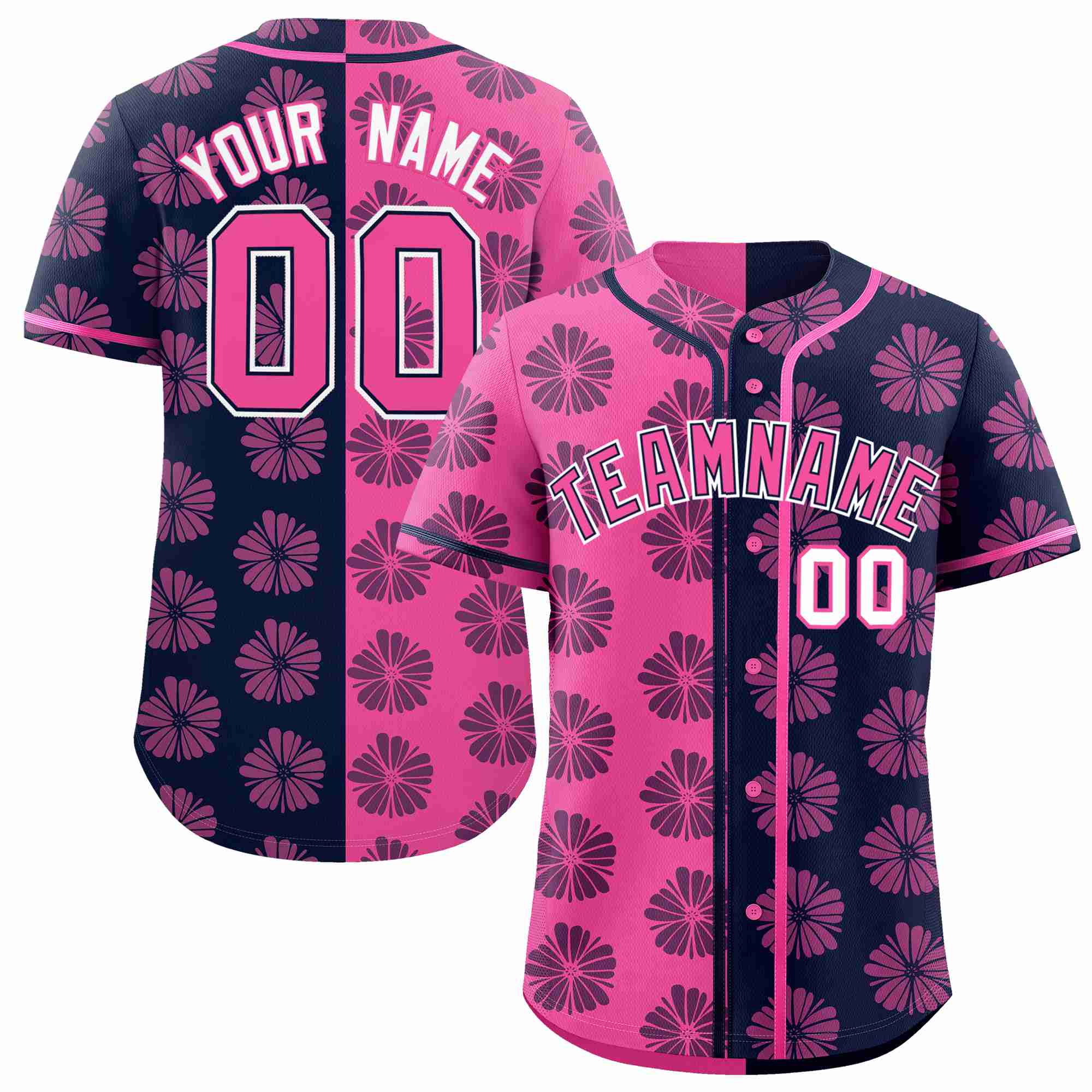 Custom Pink Navy Split Fashion Flower Graffiti Pattern Authentic Baseball Jersey