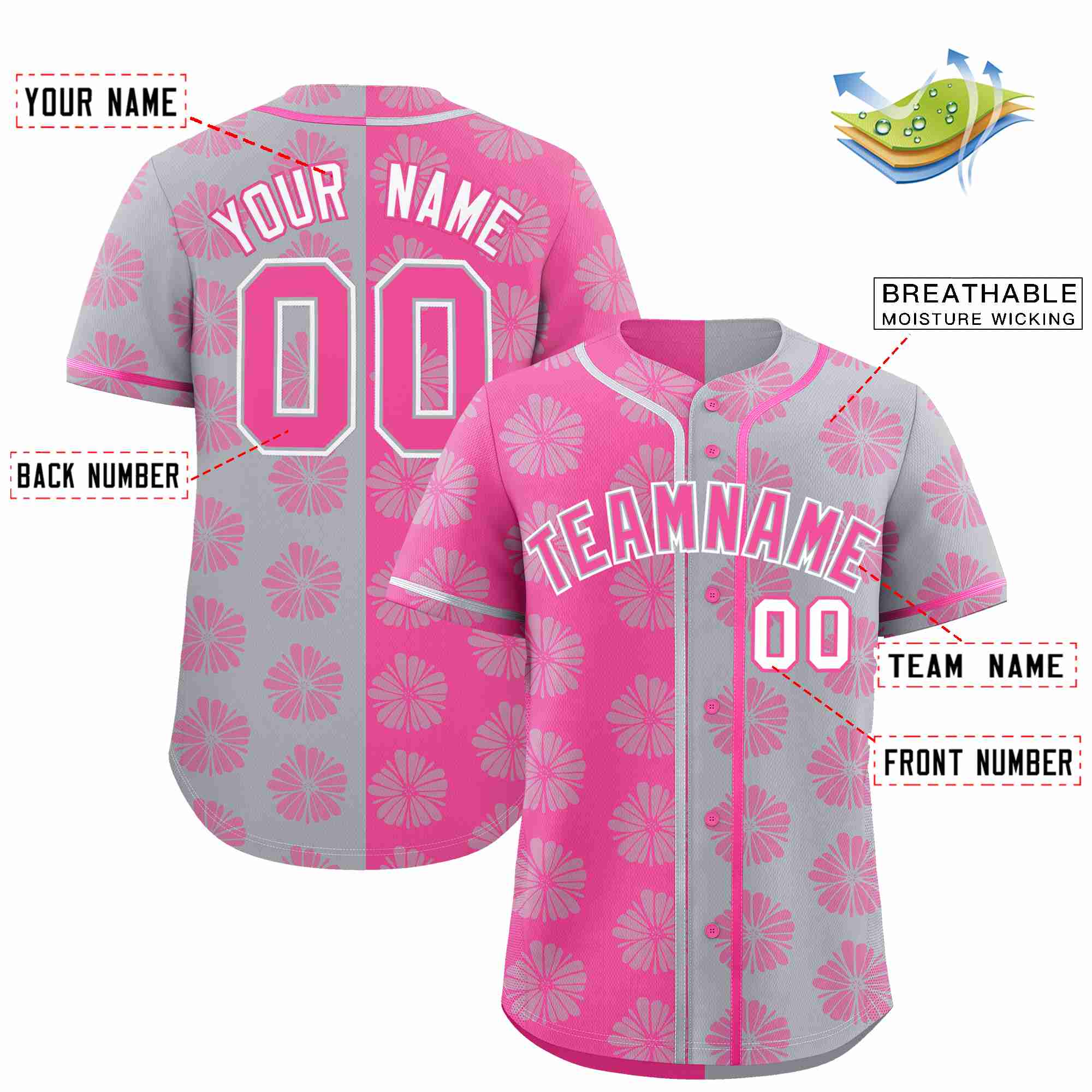 Custom Pink Light Gray Split Fashion Flower Graffiti Pattern Authentic Baseball Jersey