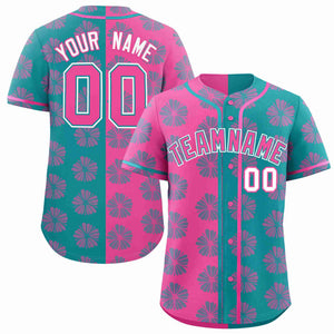 Custom Pink Aqua Split Fashion Flower Graffiti Pattern Authentic Baseball Jersey