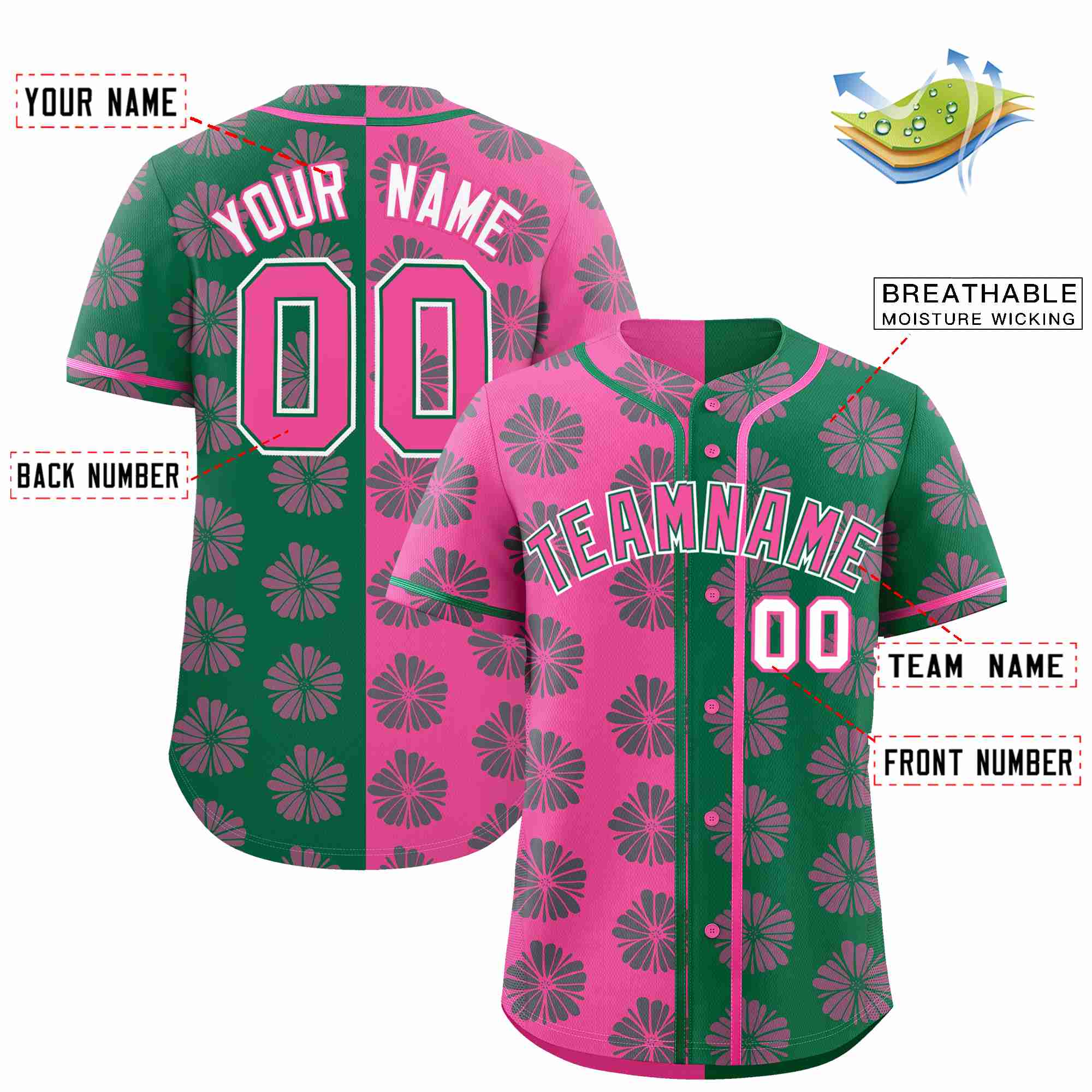 Custom Pink Kelly Green Split Fashion Flower Graffiti Pattern Authentic Baseball Jersey