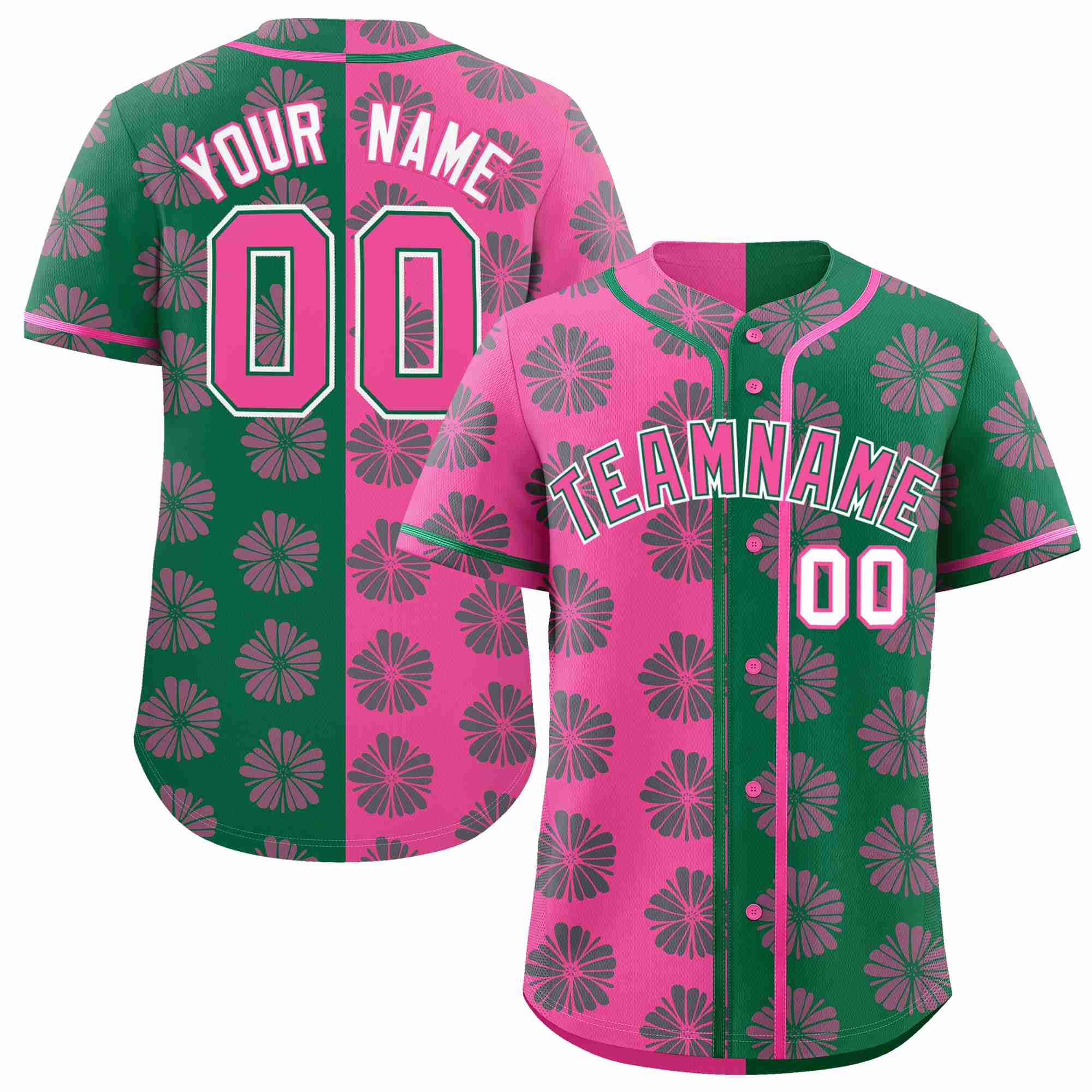 Custom Pink Kelly Green Split Fashion Flower Graffiti Pattern Authentic Baseball Jersey