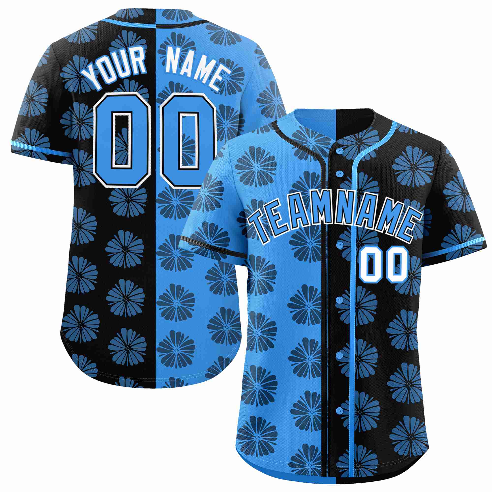 Custom Powder Blue Black Split Fashion Flower Graffiti Pattern Authentic Baseball Jersey