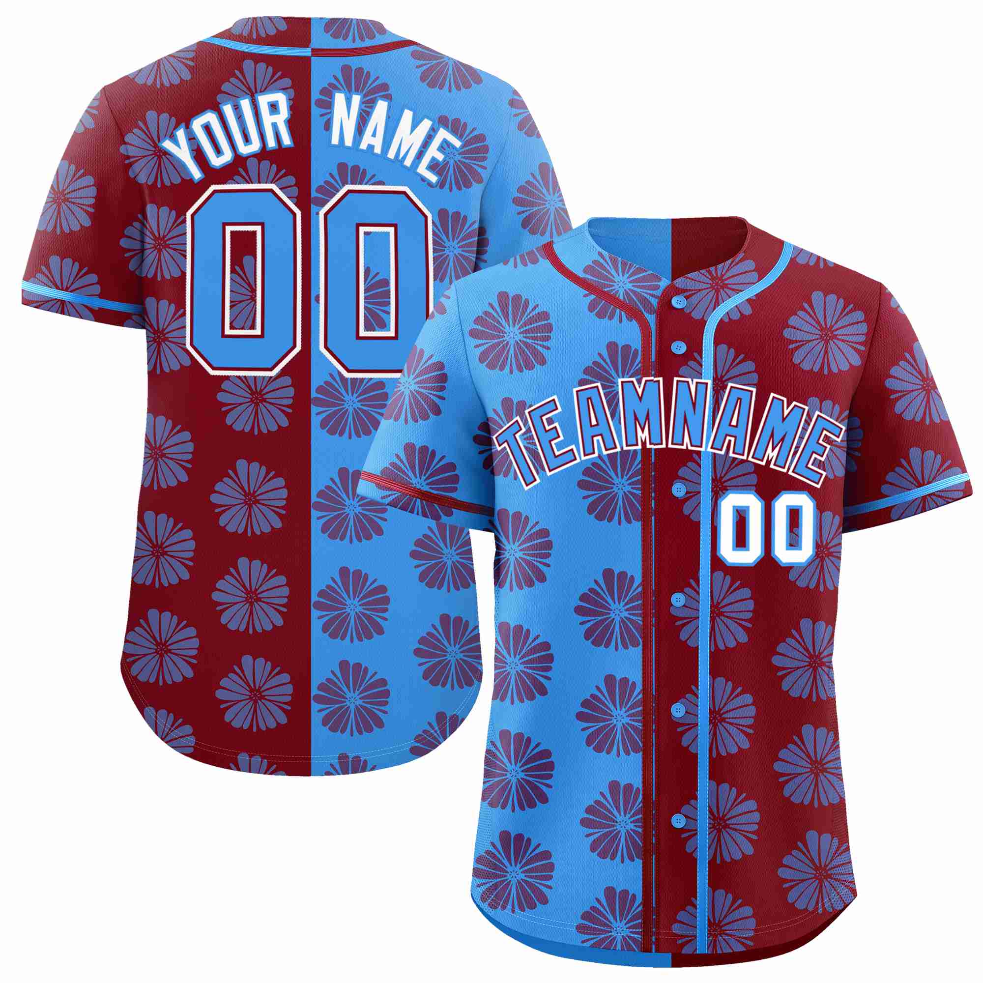 Custom Powder Blue Crimson Split Fashion Flower Graffiti Pattern Authentic Baseball Jersey