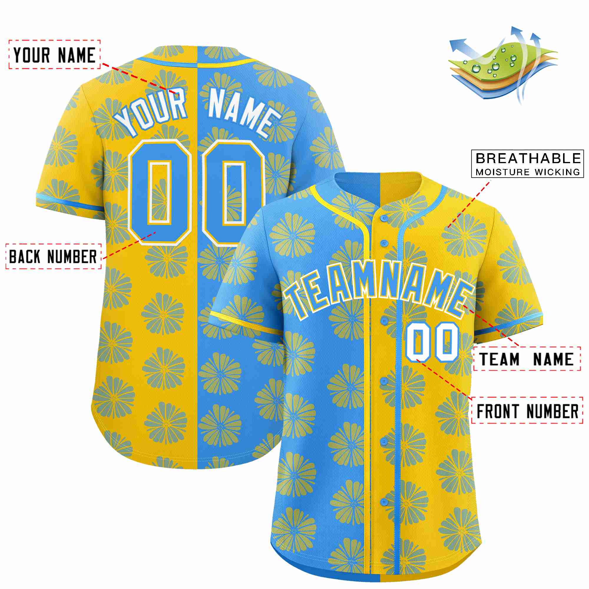 Custom Powder Blue Gold Split Fashion Flower Graffiti Pattern Authentic Baseball Jersey