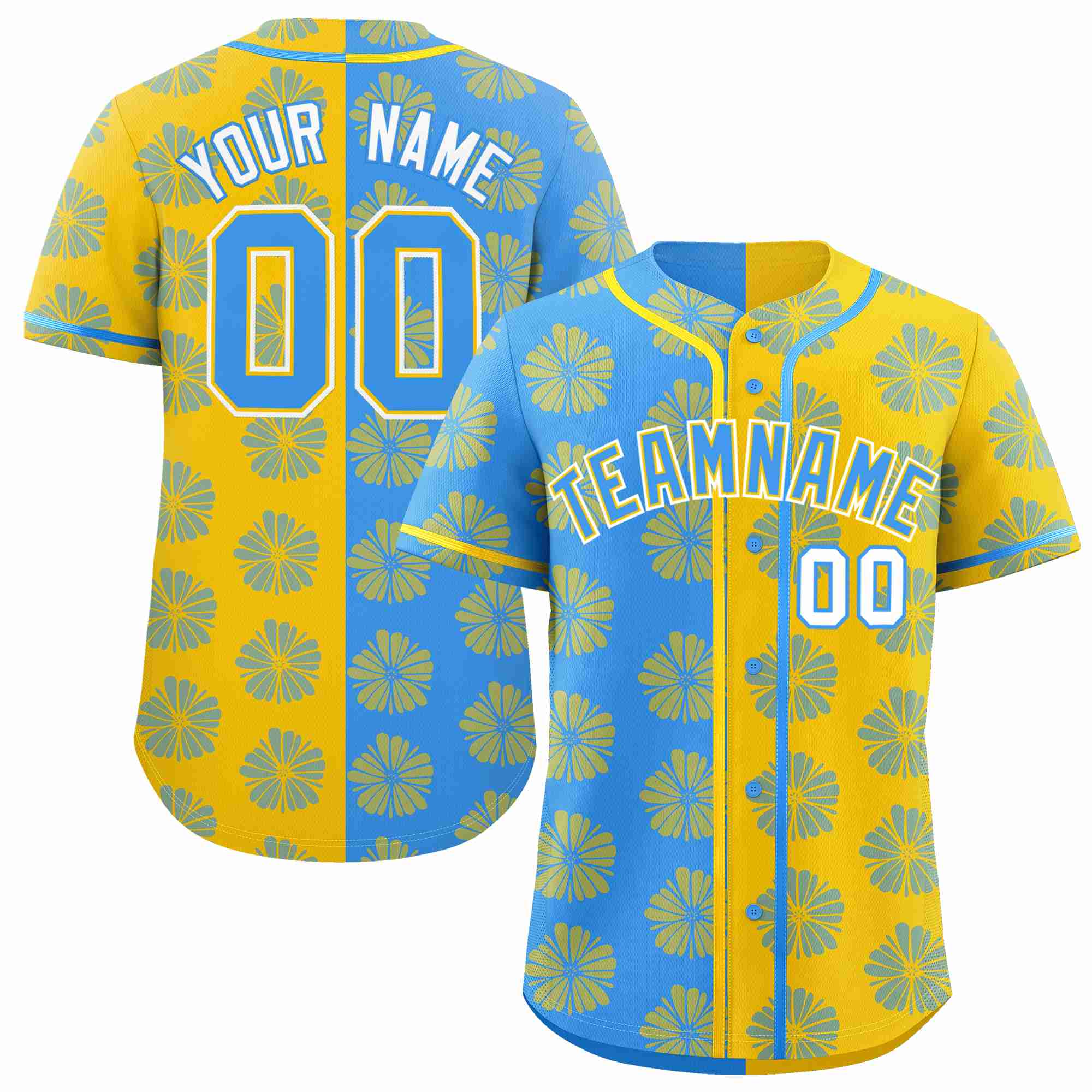 Custom Powder Blue Gold Split Fashion Flower Graffiti Pattern Authentic Baseball Jersey