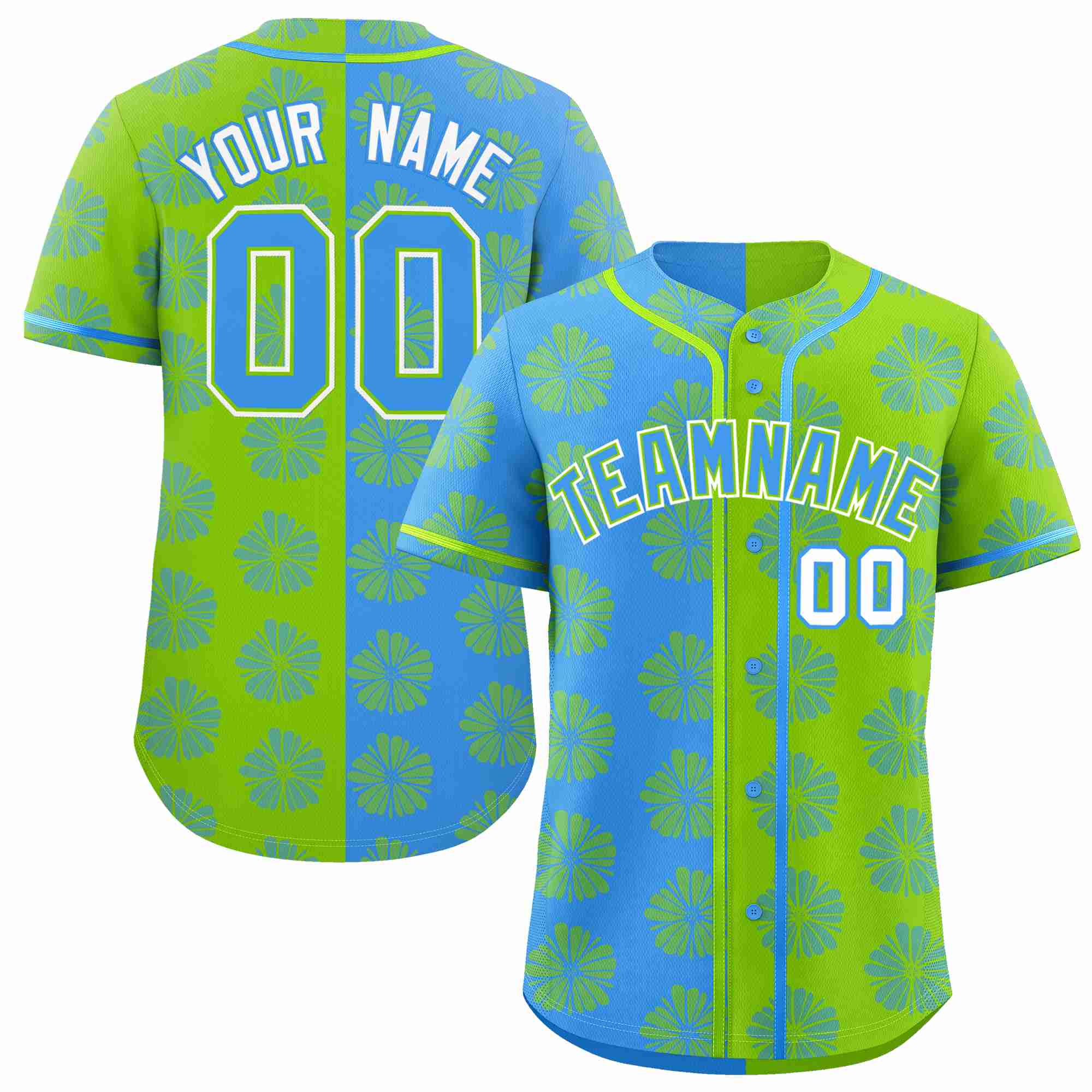 Custom Powder Blue Neon Green Split Fashion Flower Graffiti Pattern Authentic Baseball Jersey