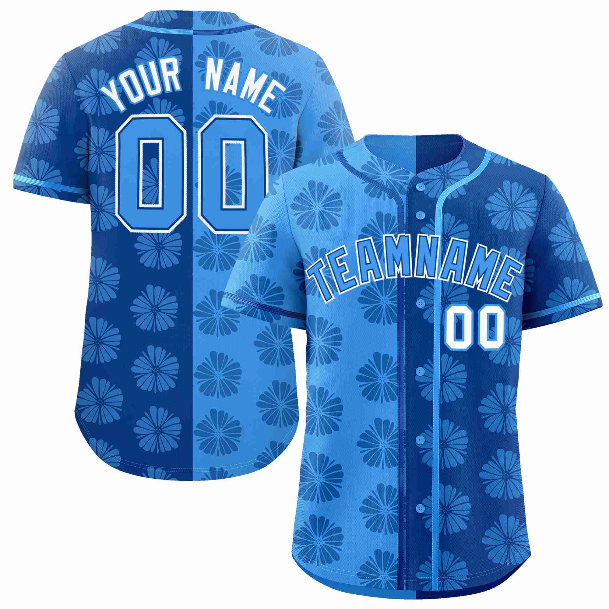 Custom Powder Blue Royal Split Fashion Flower Graffiti Pattern Authentic Baseball Jersey