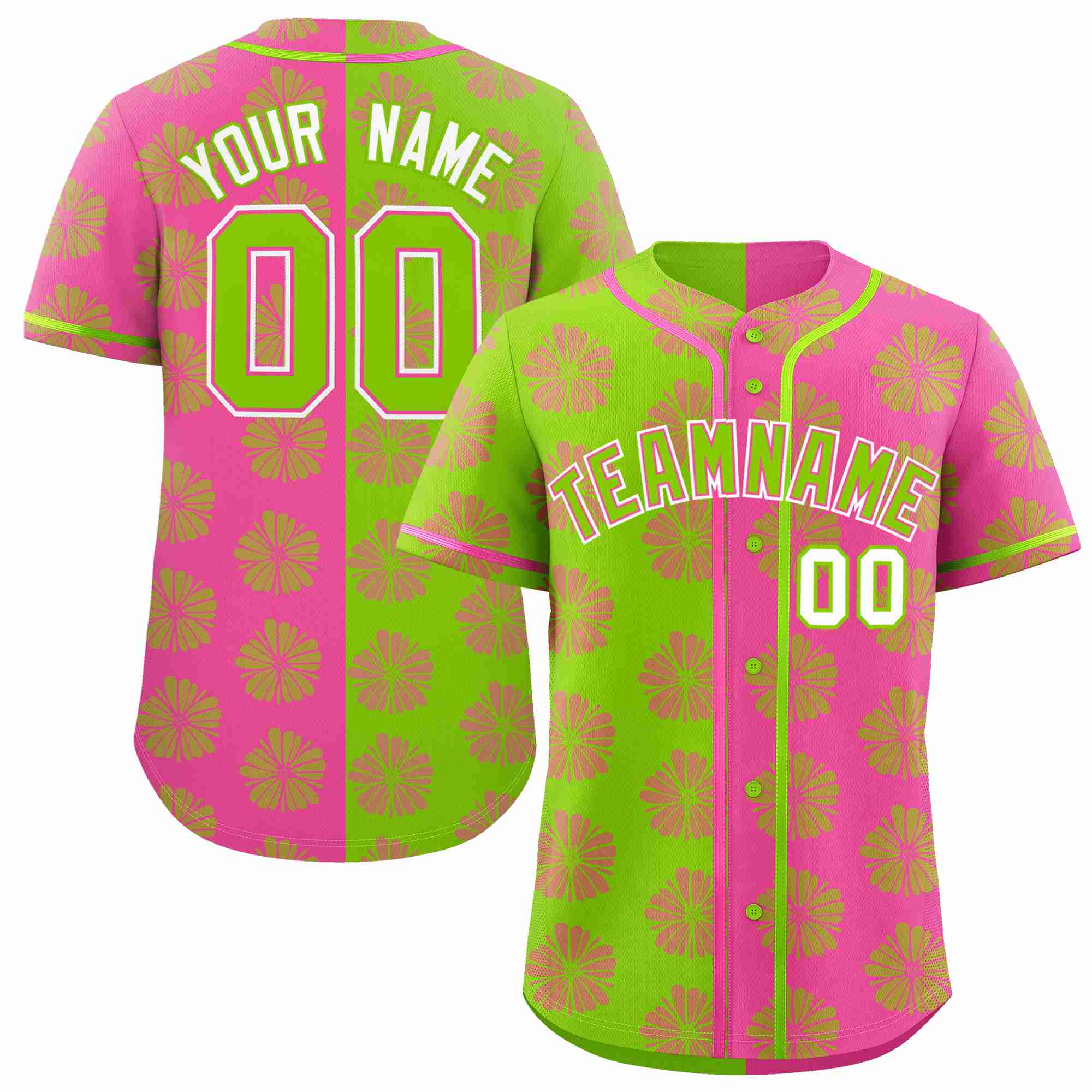 Custom Neon Green Pink Split Fashion Flower Graffiti Pattern Authentic Baseball Jersey