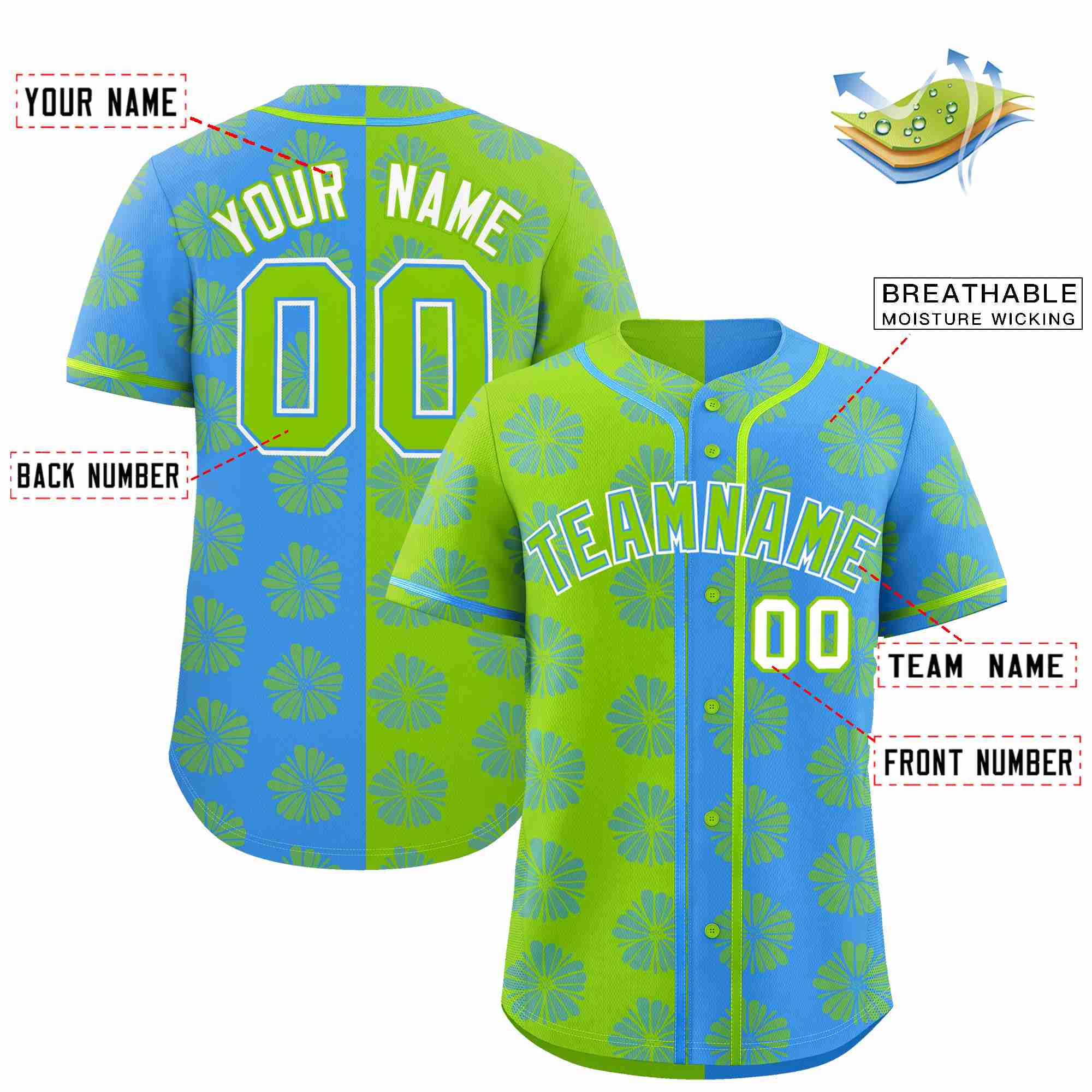 Custom Neon Green Powder Blue Split Fashion Flower Graffiti Pattern Authentic Baseball Jersey