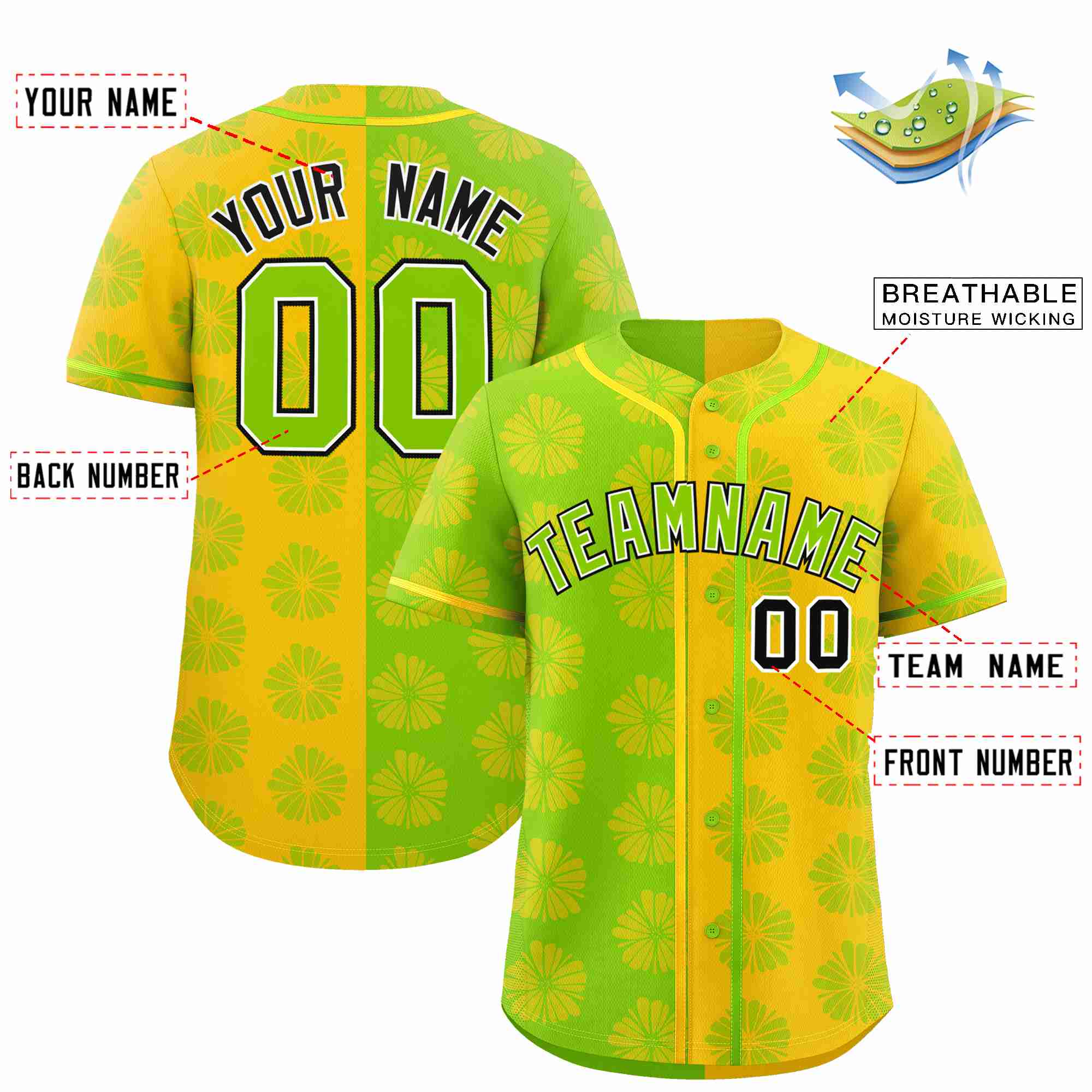 Custom Neon Green Gold Split Fashion Flower Graffiti Pattern Authentic Baseball Jersey