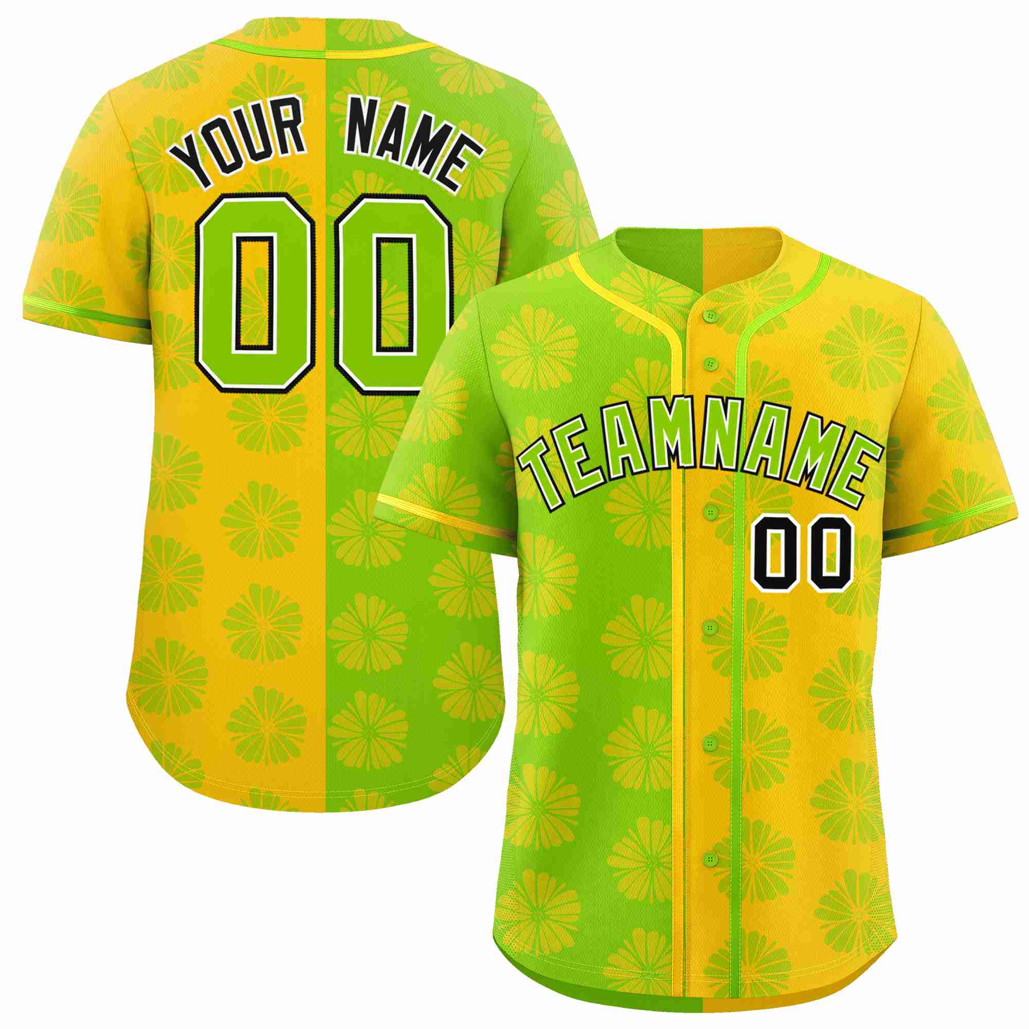 Custom Neon Green Gold Split Fashion Flower Graffiti Pattern Authentic Baseball Jersey