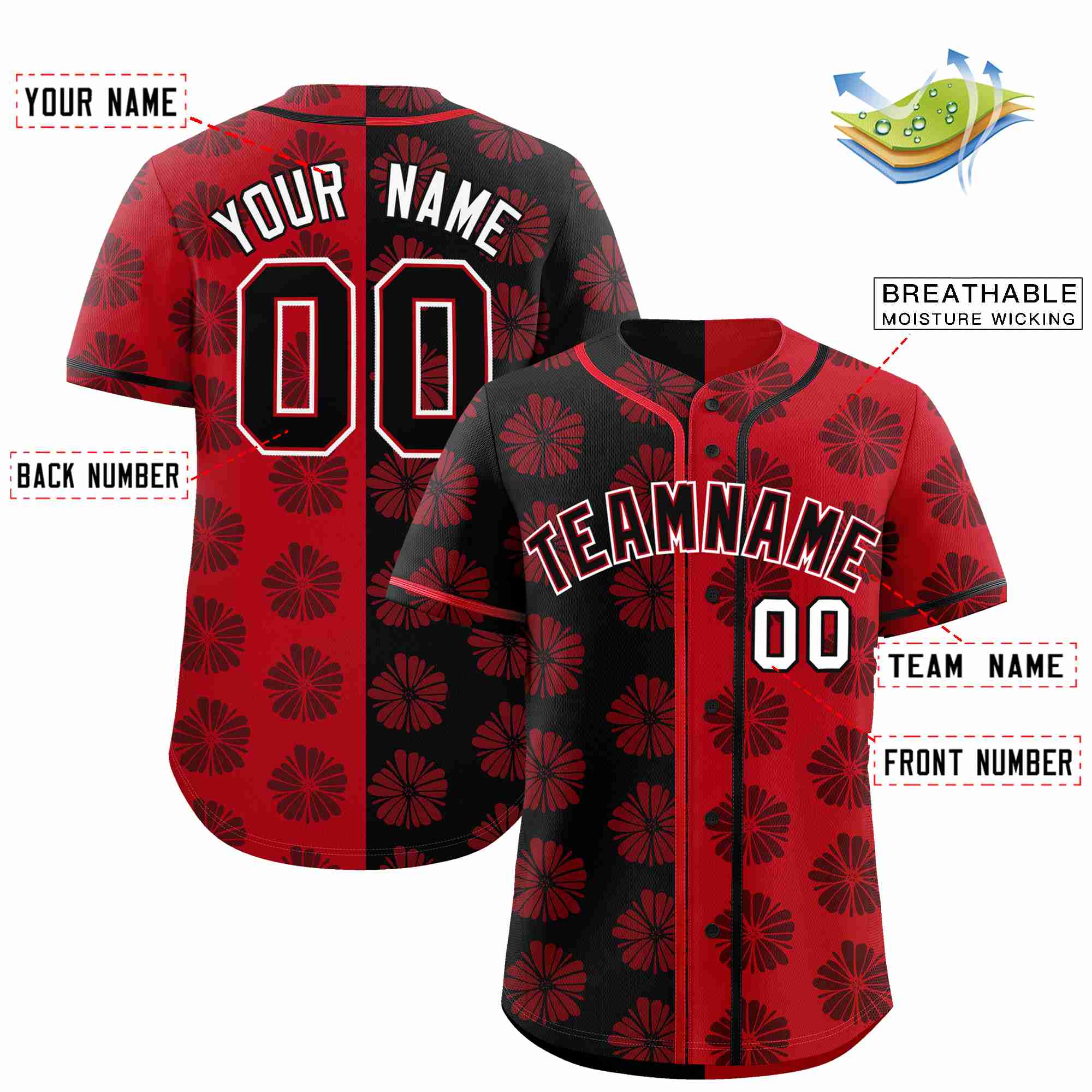 Custom Black Red Split Fashion Flower Graffiti Pattern Authentic Baseball Jersey