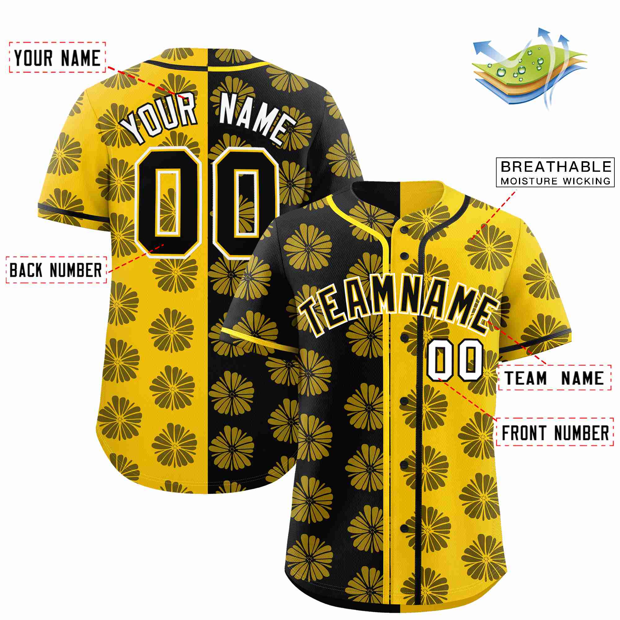 Custom Black Gold Split Fashion Flower Graffiti Pattern Authentic Baseball Jersey