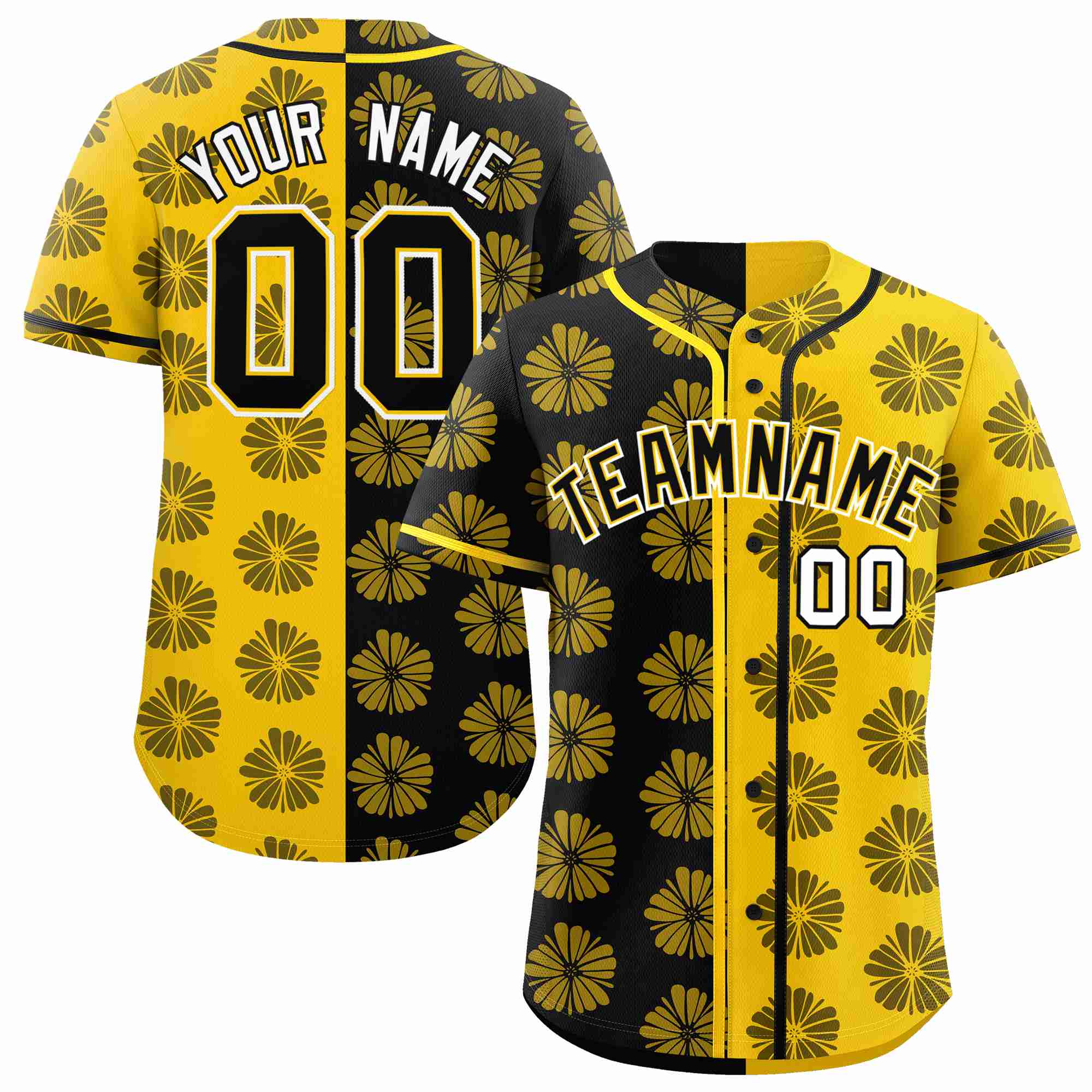 Custom Black Gold Split Fashion Flower Graffiti Pattern Authentic Baseball Jersey