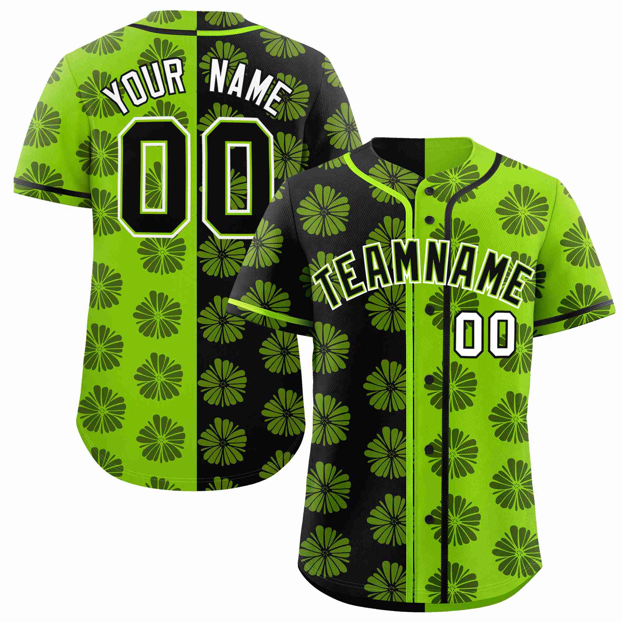 Custom Black Neon Green Split Fashion Flower Graffiti Pattern Authentic Baseball Jersey