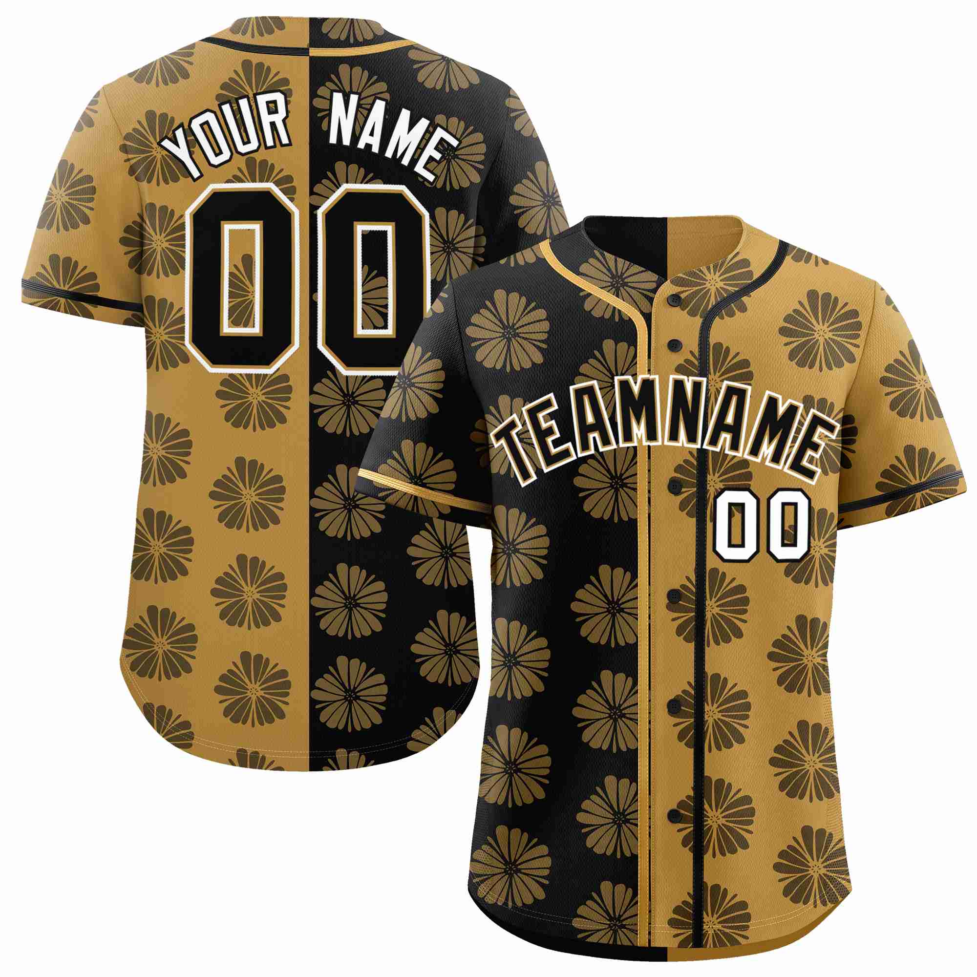 Custom Black Old Gold Split Fashion Flower Graffiti Pattern Authentic Baseball Jersey