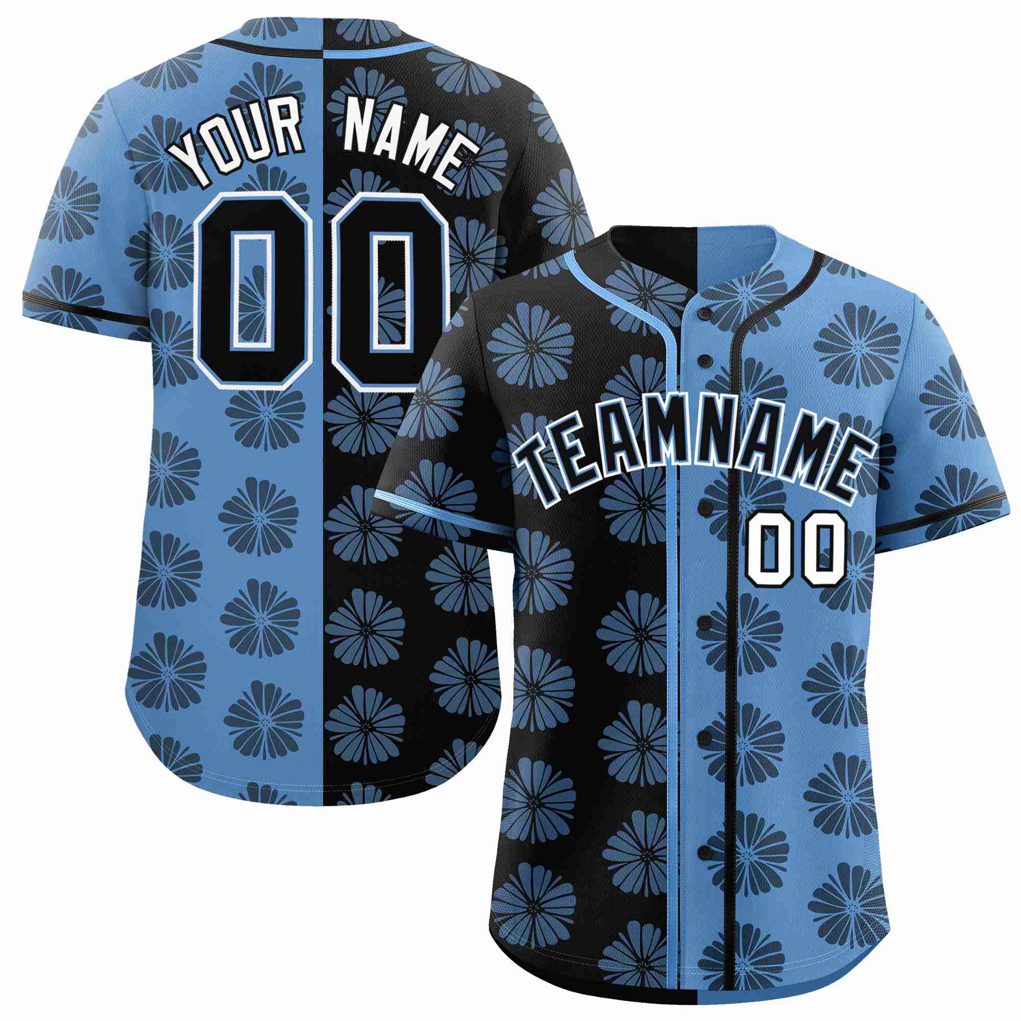 Custom Black Light Blue Split Fashion Flower Graffiti Pattern Authentic Baseball Jersey