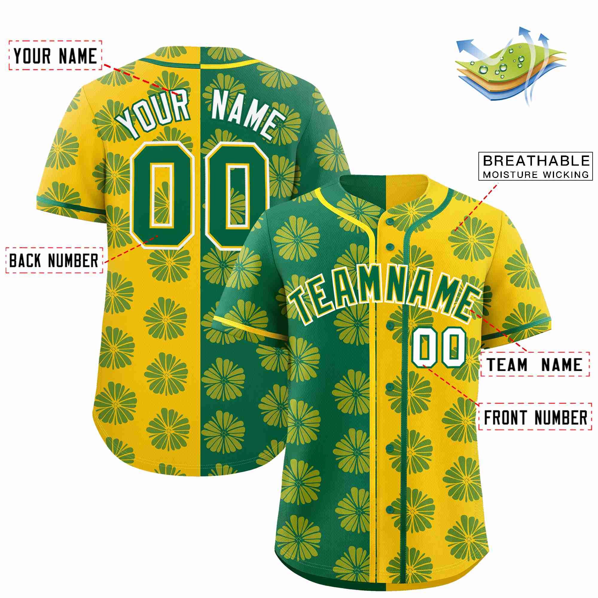 Custom Kelly Green Gold Split Fashion Flower Graffiti Pattern Authentic Baseball Jersey