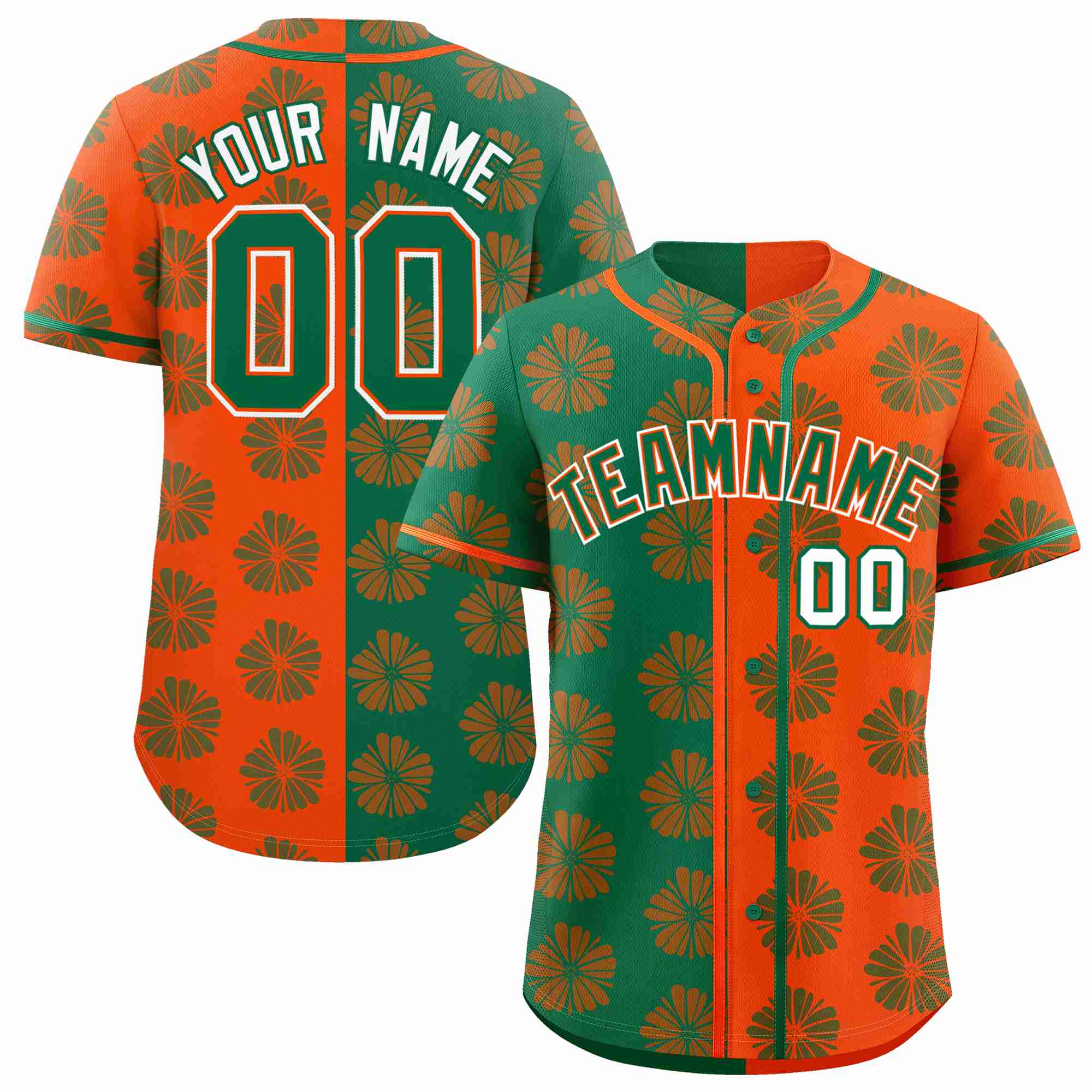 Custom Kelly Green Orange Split Fashion Flower Graffiti Pattern Authentic Baseball Jersey